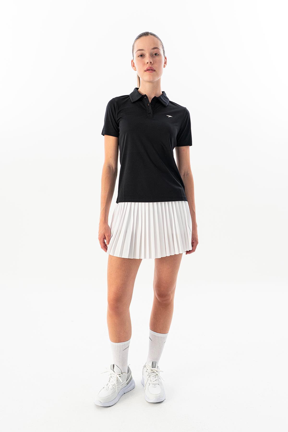 Maraton Regular Kadın AYAKSIZ PATLI POLO YAKA  Kısa Kol Siyah T-shirt 23842
