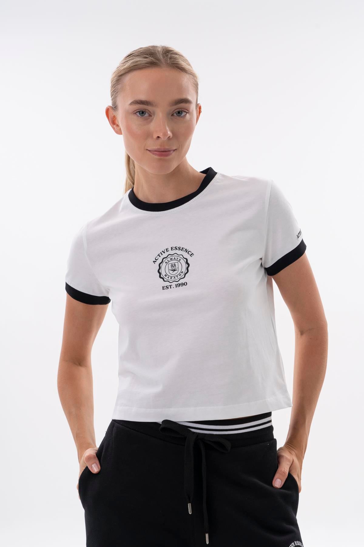 Maraton Regular Kadın Bisiklet Yaka  Beyaz- T-shirt