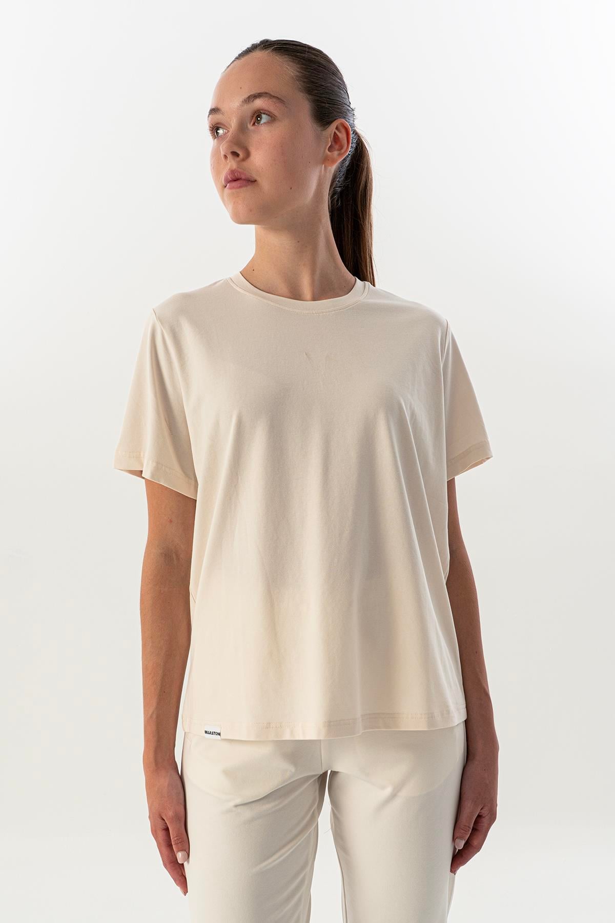 Maraton Regular Kadın Bisiklet Yaka  Kısa Kol Ekru T-shirt 23854