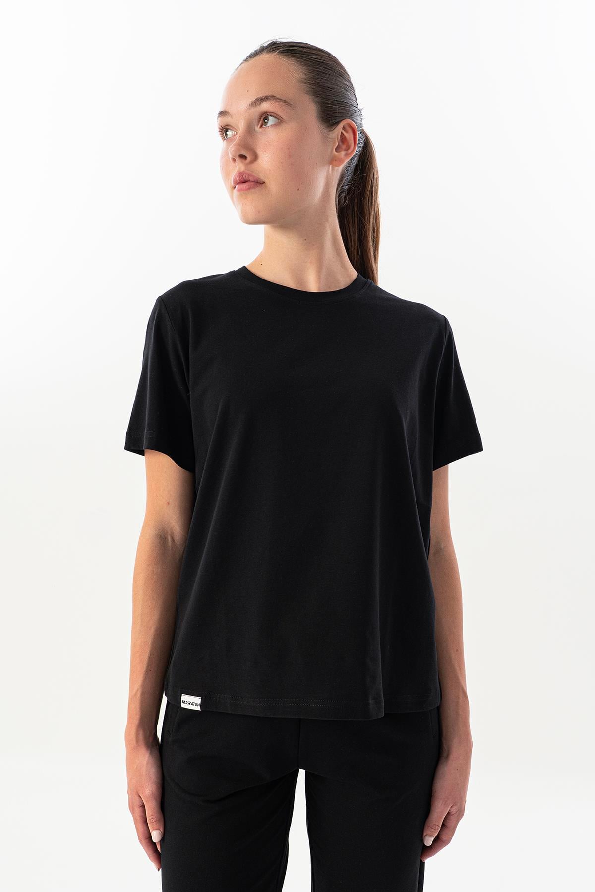 Maraton Regular Kadın Bisiklet Yaka  Kısa Kol Siyah T-shirt 23854