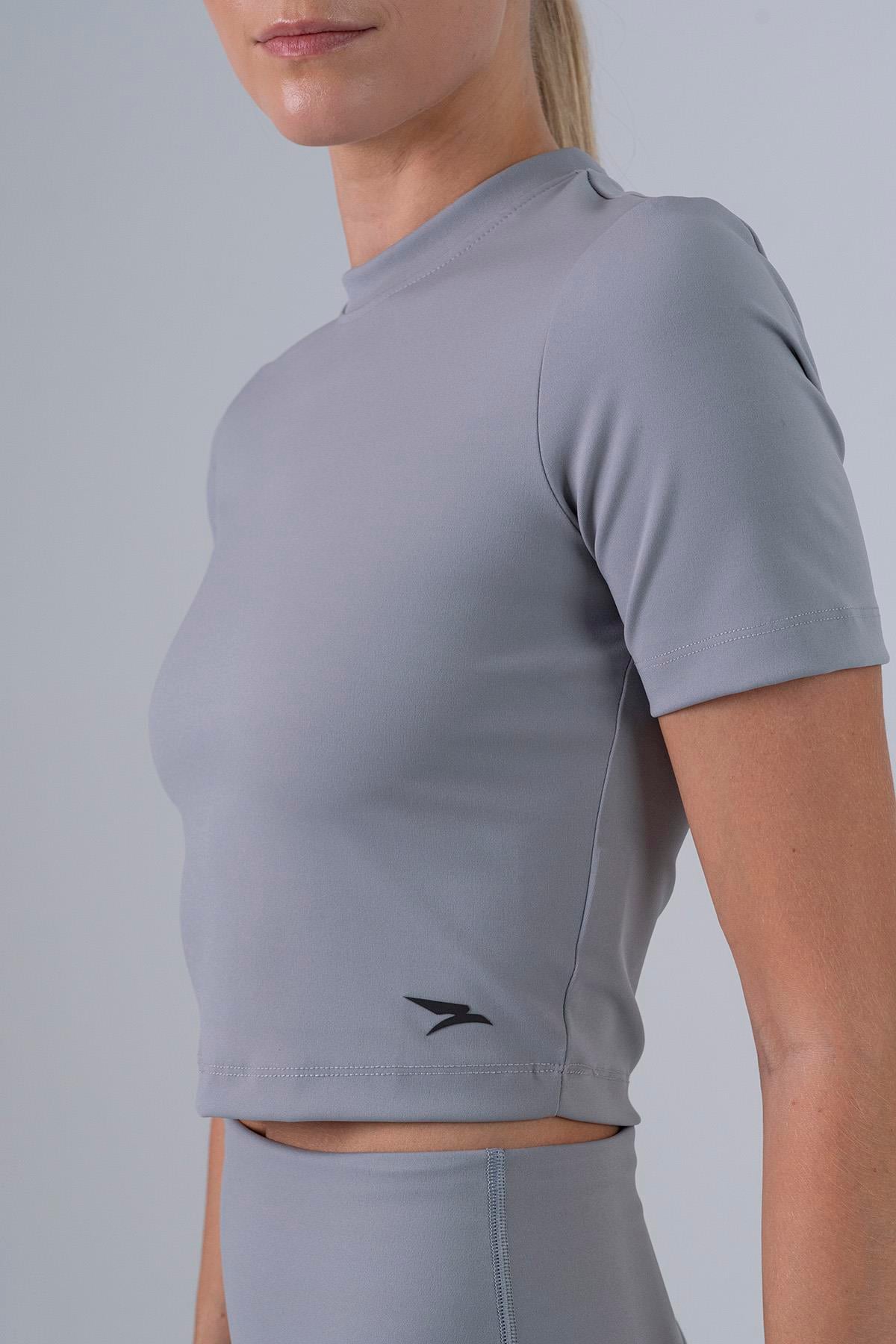 Maraton SlimFit Kadın Bisiklet Yaka  Gri- Crop Top