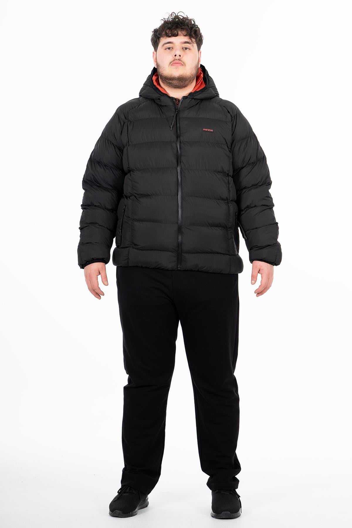 Maraton Sportswear Büyük Beden Erkek Kapşonlu  Uzun Kol Basic Siyah Mont 21391