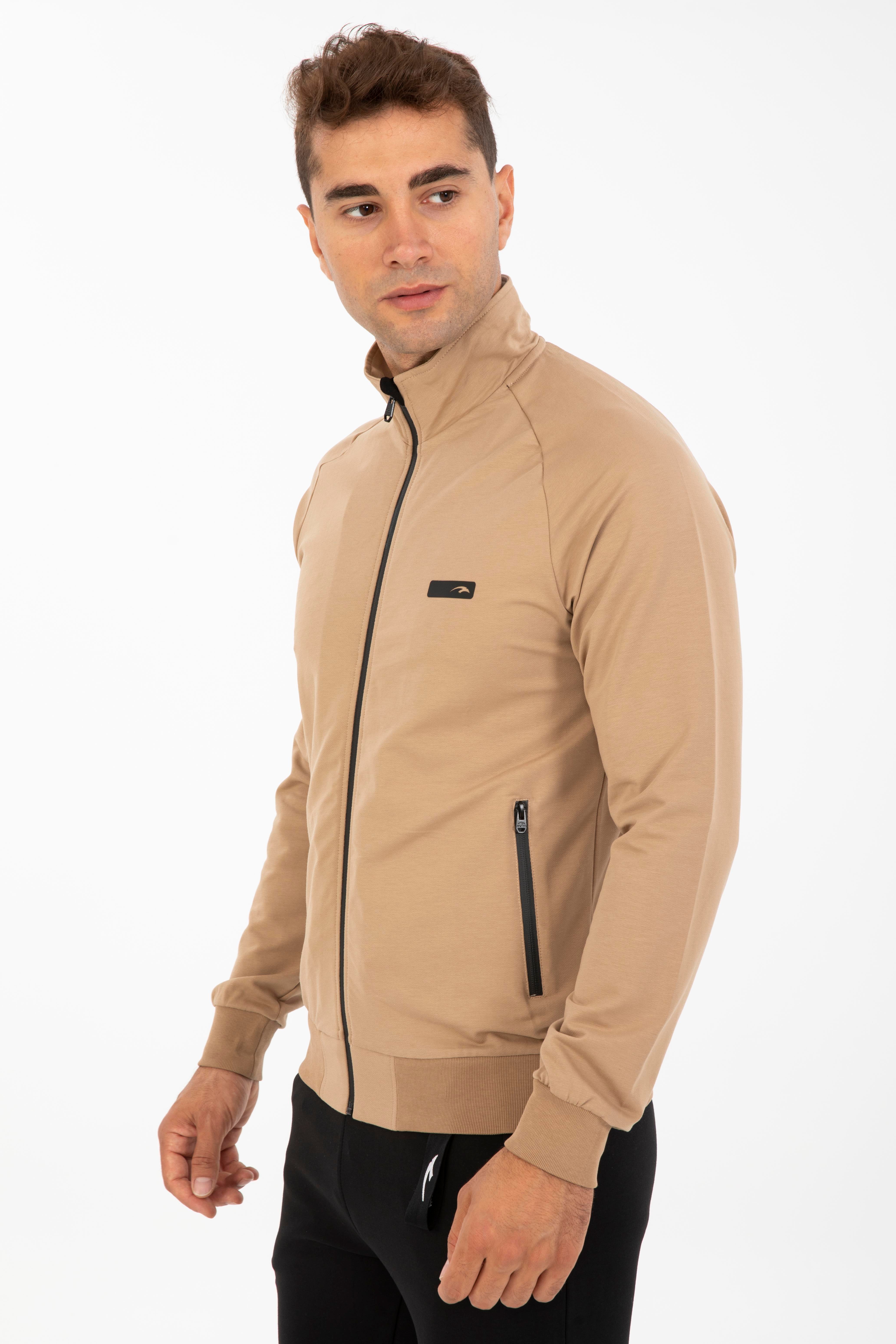 Maraton Sportswear Comfort Erkek Dik Yaka  Uzun Kol Basic Açık Vizon Eşofman Üstü 21390