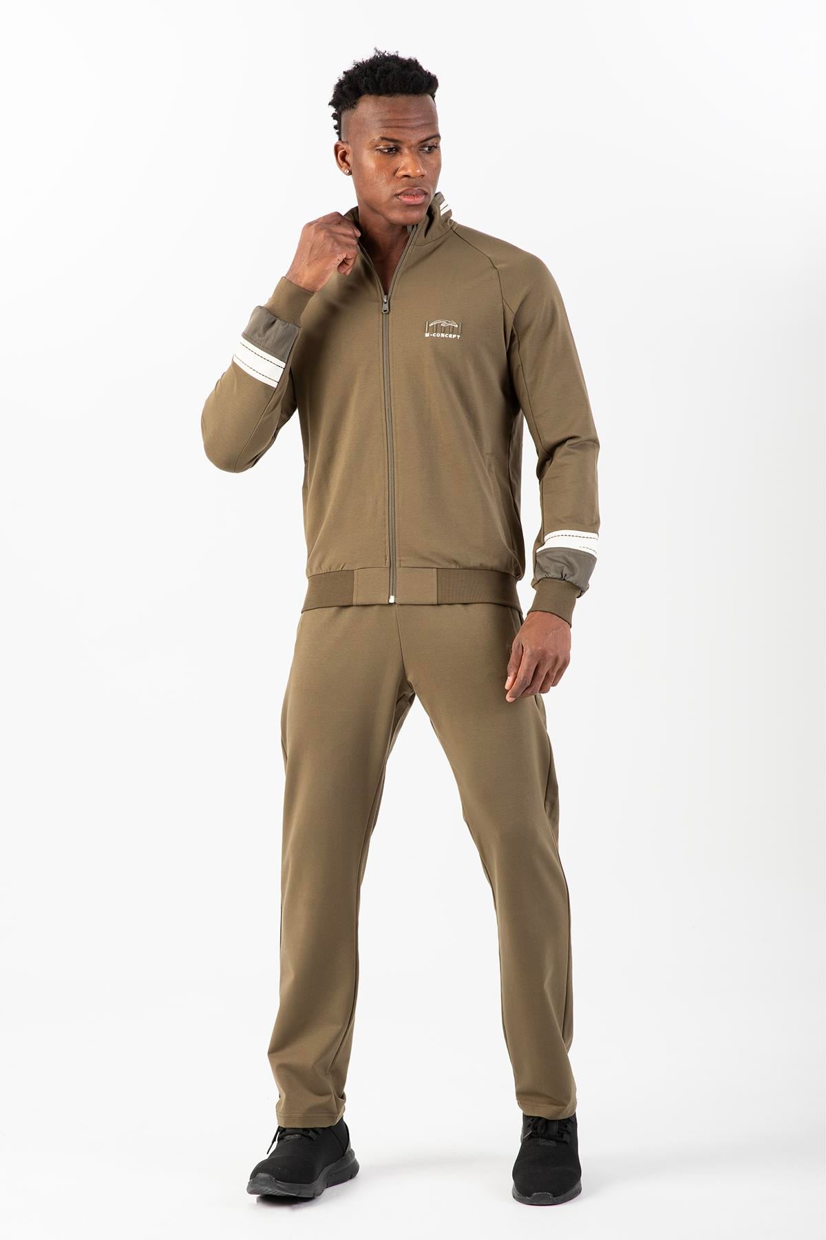 Maraton Sportswear Comfort Erkek Dik Yaka Düz Paça Reglan Kol Basic Haki Eşofman Takımı 22315