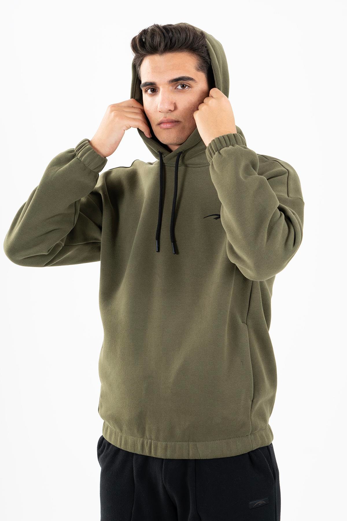 Maraton Sportswear Comfort Erkek Kapşonlu  Düşük Kol Outdoor Haki Sweatshirt 22678