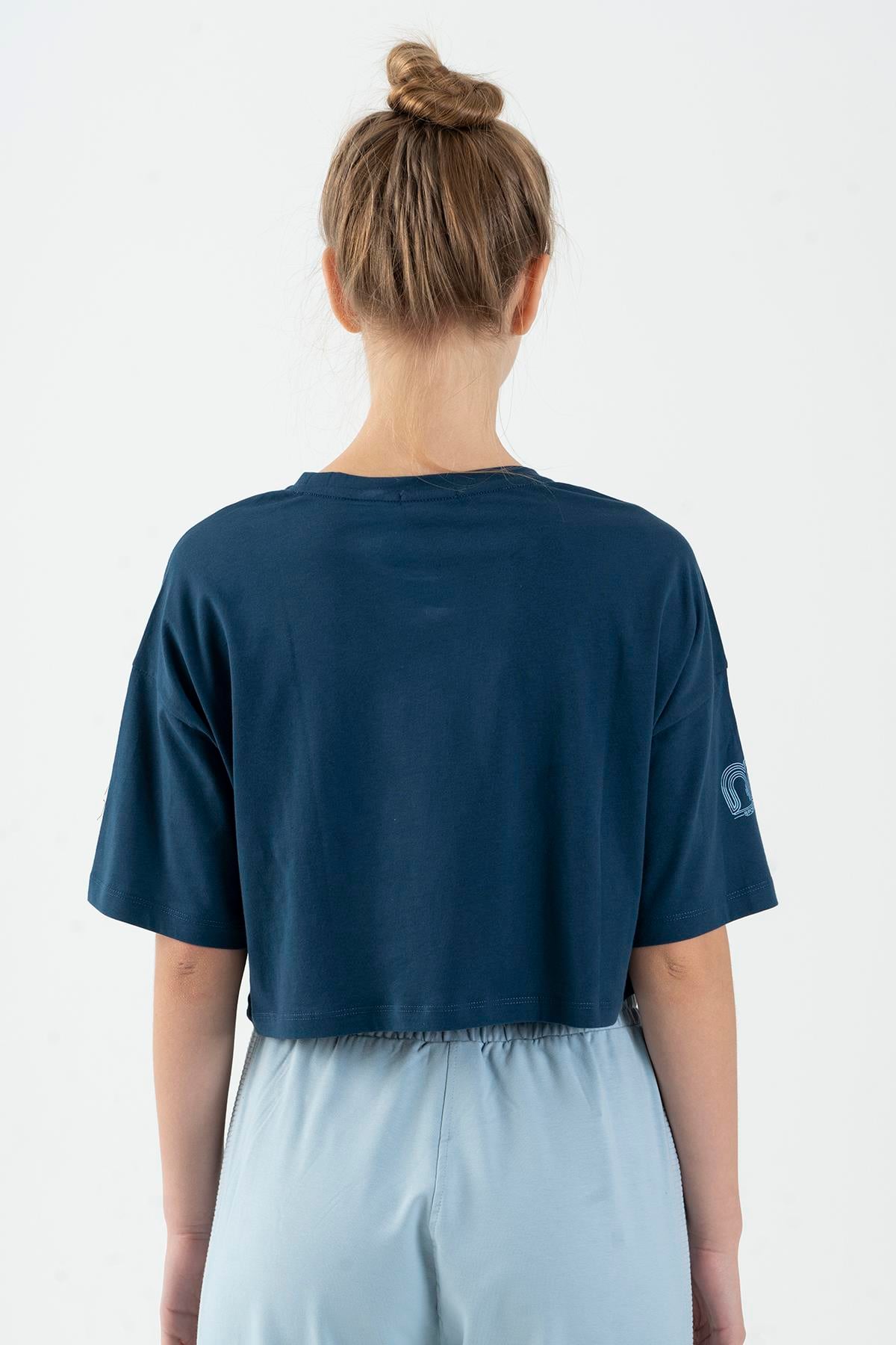 Maraton Sportswear Comfort Kadın Bisiklet Yaka  Kısa Kol Basic Navymelanj Crop Top 20880