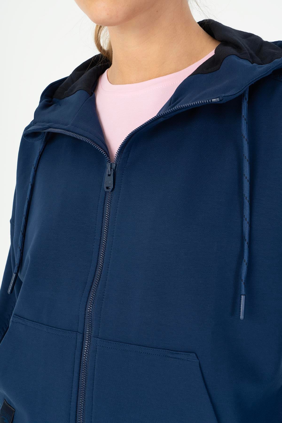 Maraton Sportswear Comfort Kadın Kapşonlu  Düşük Kol BASICS Açık Lacivert Tracktop 23110