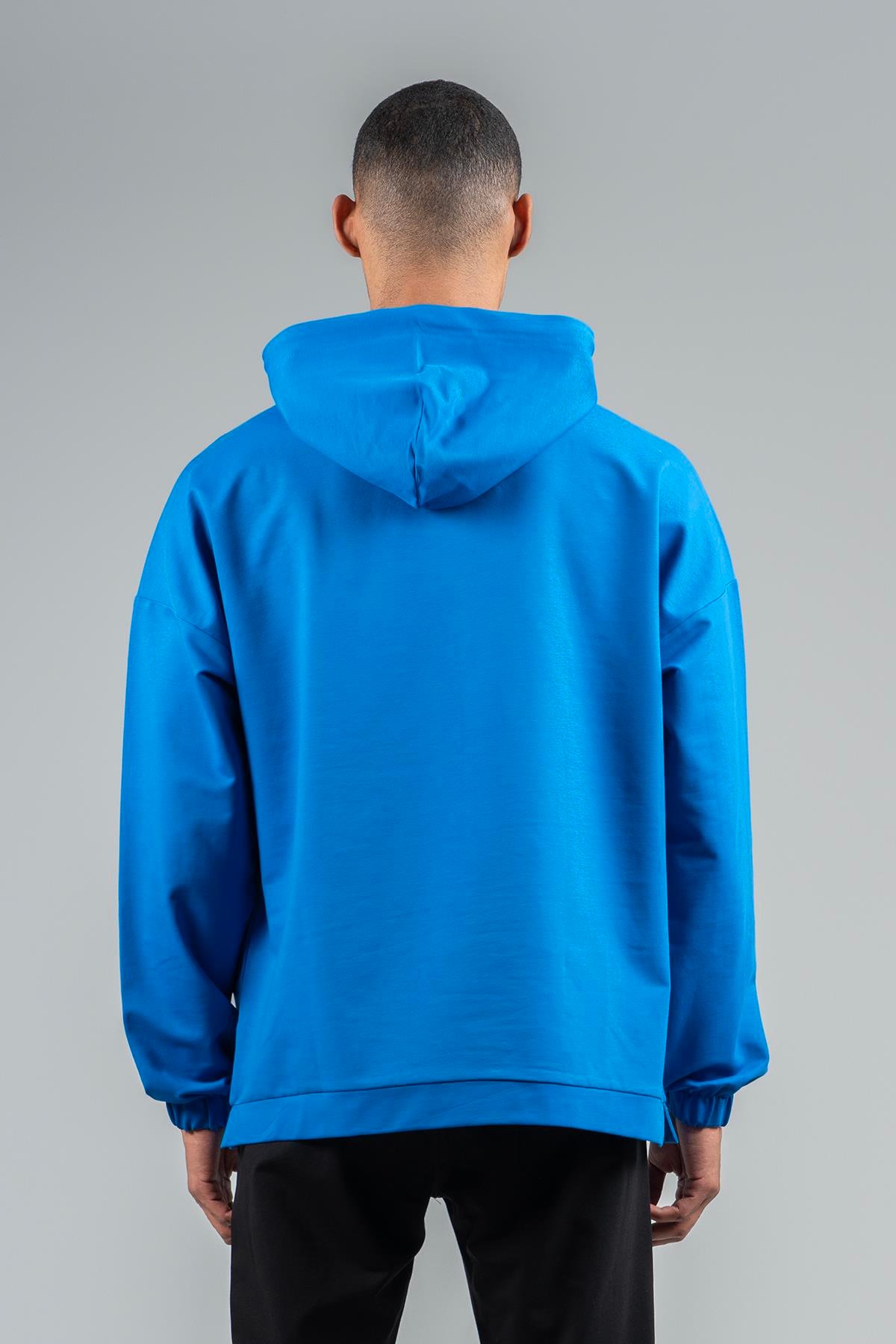 Maraton Sportswear Oversize Erkek Kapşonlu  Düşük Kol Basic Saks Sweatshirt 23168