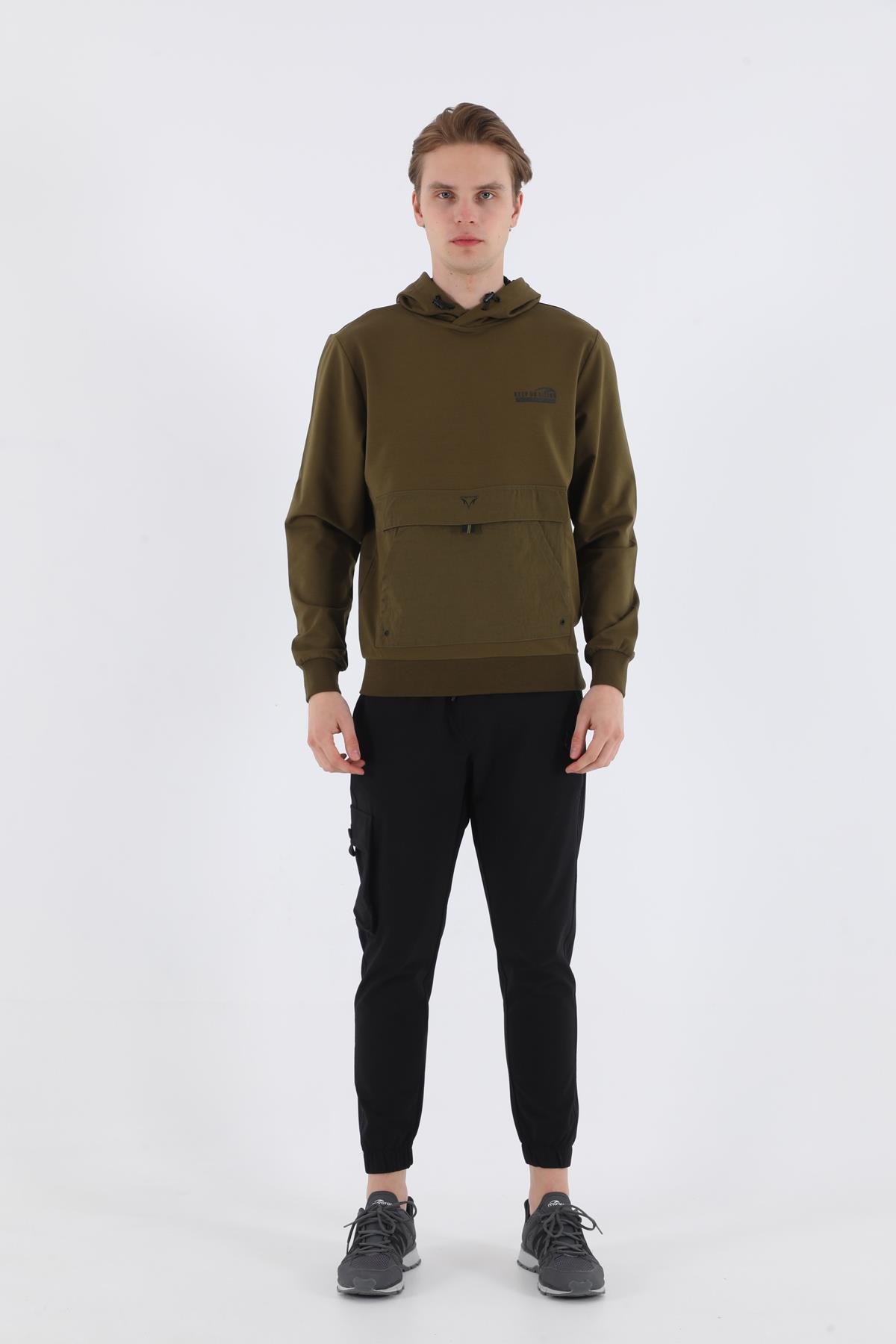 Maraton Sportswear Oversize Erkek Kapşonlu  Uzun Kol Basic Zeytin Sweatshirt 20562