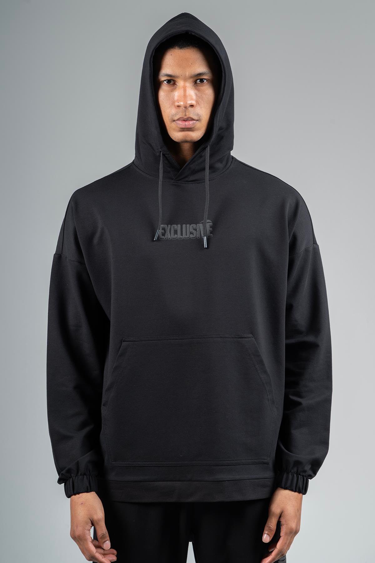 Maraton Sportswear Oversize Erkek Kapşonlu  Düşük Kol Basic Siyah Sweatshirt 23168