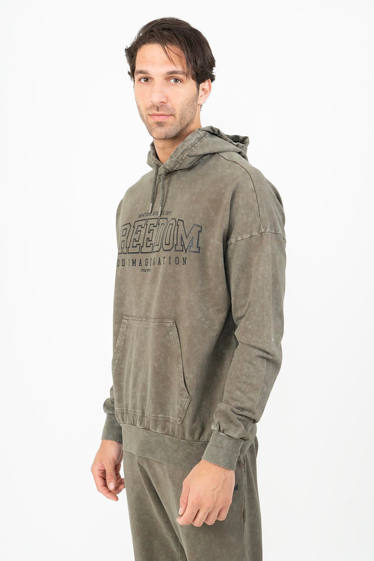 Maraton Sportswear Oversize Erkek Kapşonlu  Düşük Kol Basic Açık Haki Sweatshirt 21781