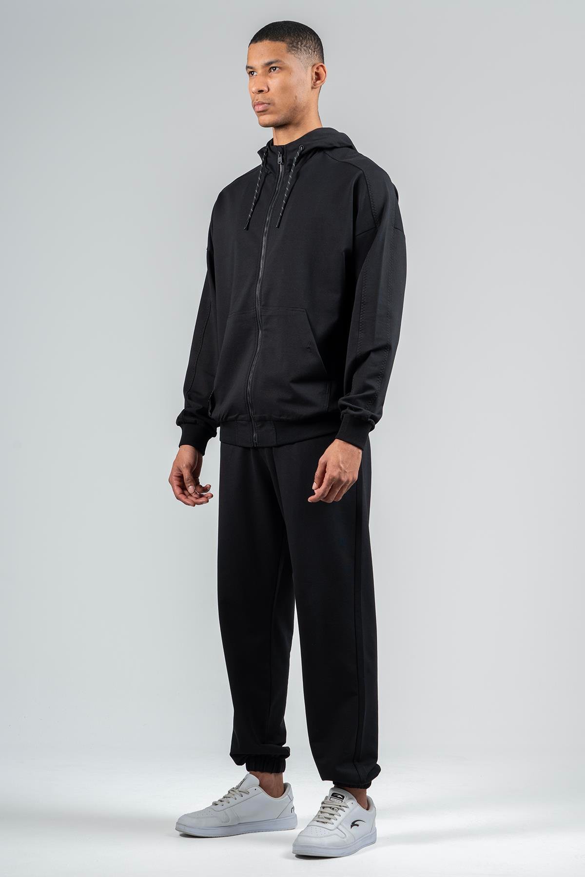 Maraton Sportswear Oversize Erkek Kapşonlu  Düşük Kol Basic Siyah Eşofman Üstü 23115