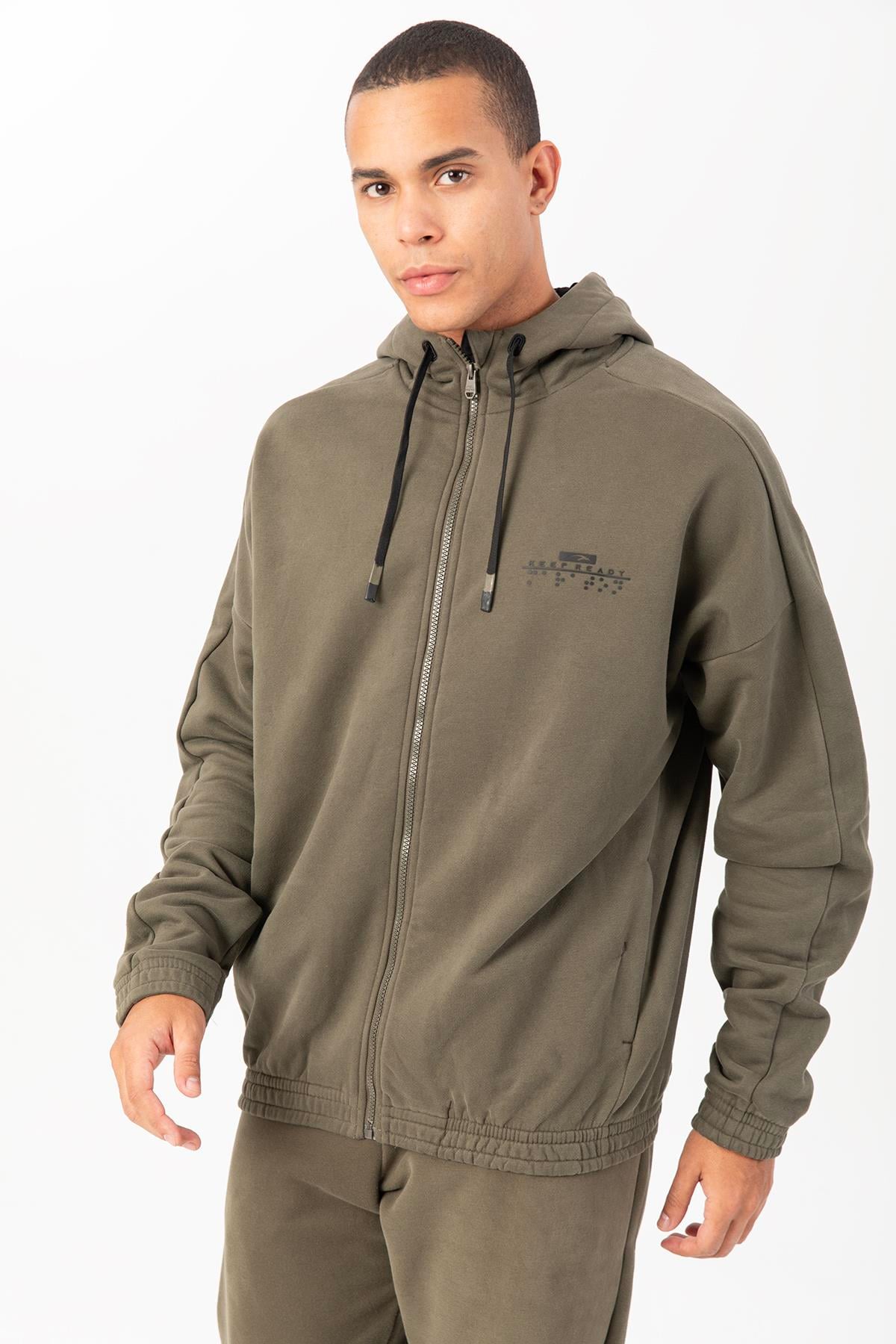 Maraton Sportswear Oversize Erkek Kapşonlu  Uzun Kol Basic Açık Haki Eşofman Üstü 22451