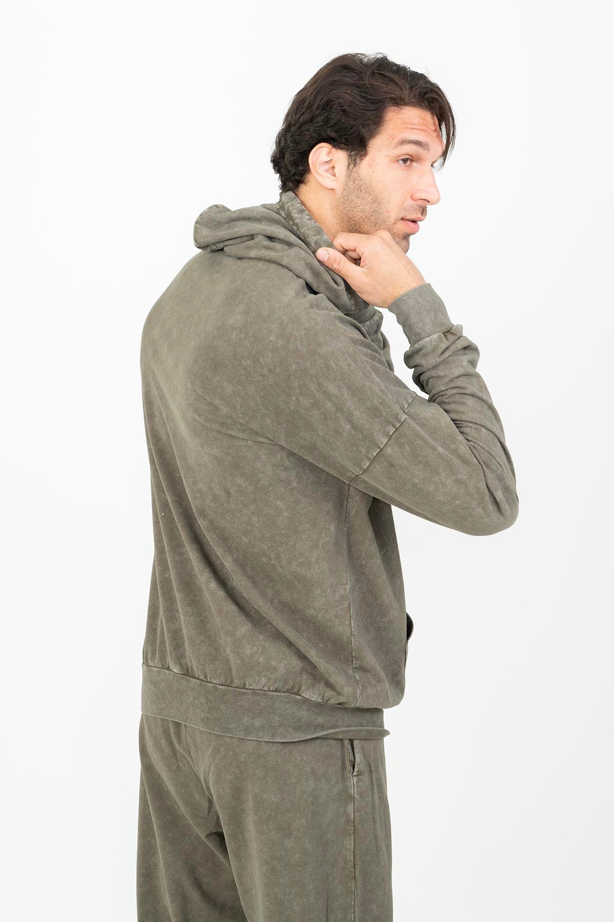 Maraton Sportswear Oversize Erkek Kapşonlu  Düşük Kol Basic Açık Haki Sweatshirt 21781