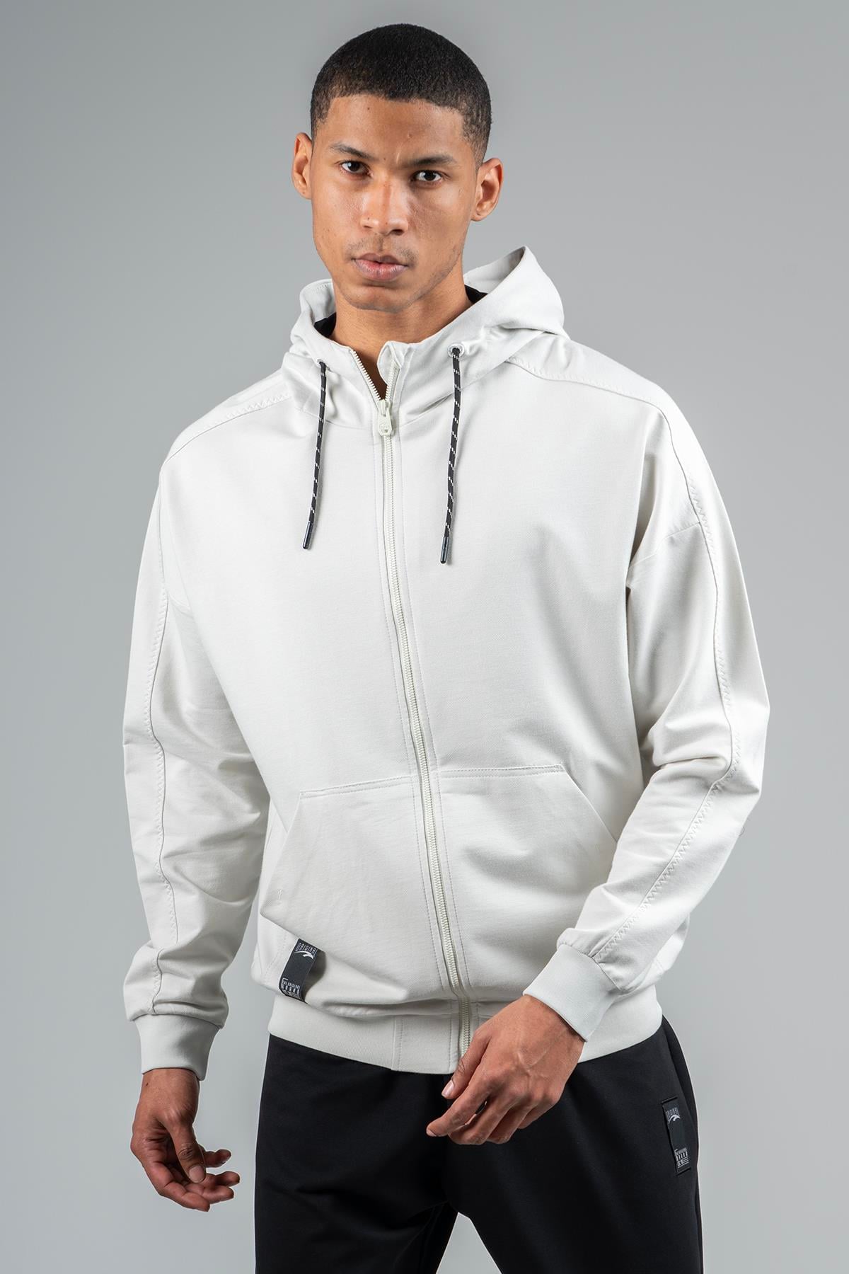 Maraton Sportswear Oversize Erkek Kapşonlu  Düşük Kol Basic Gümüş Gri Eşofman Üstü 23115
