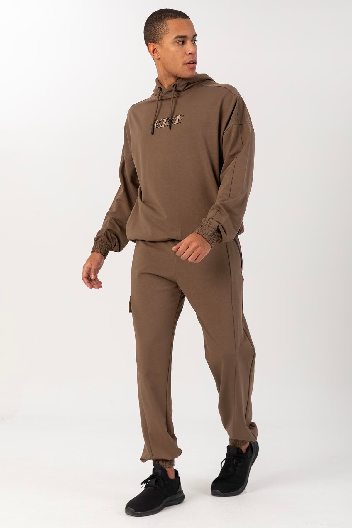 Maraton Sportswear Oversize Erkek Kapşonlu  Düşük Kol Basic Kakao Sweatshirt 22465