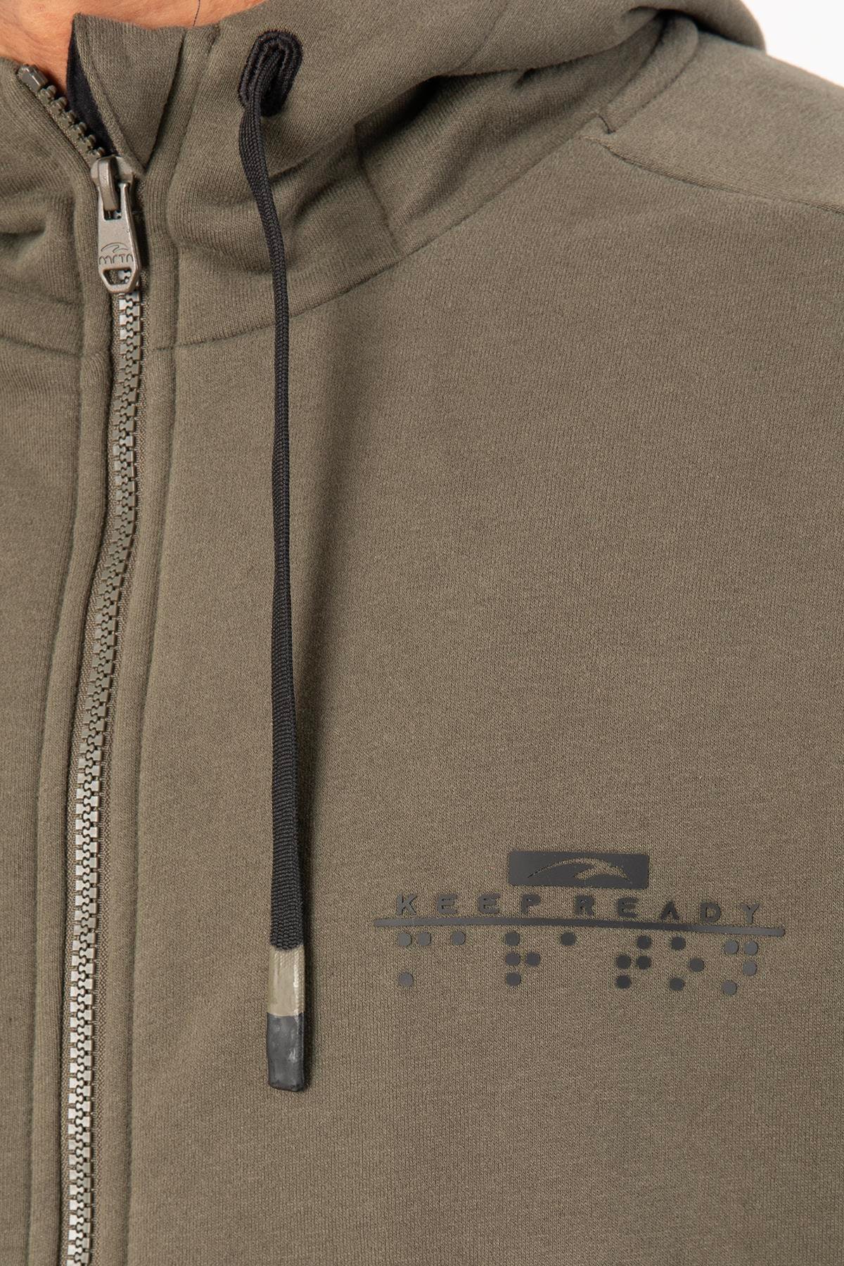 Maraton Sportswear Oversize Erkek Kapşonlu  Uzun Kol Basic Açık Haki Eşofman Üstü 22451