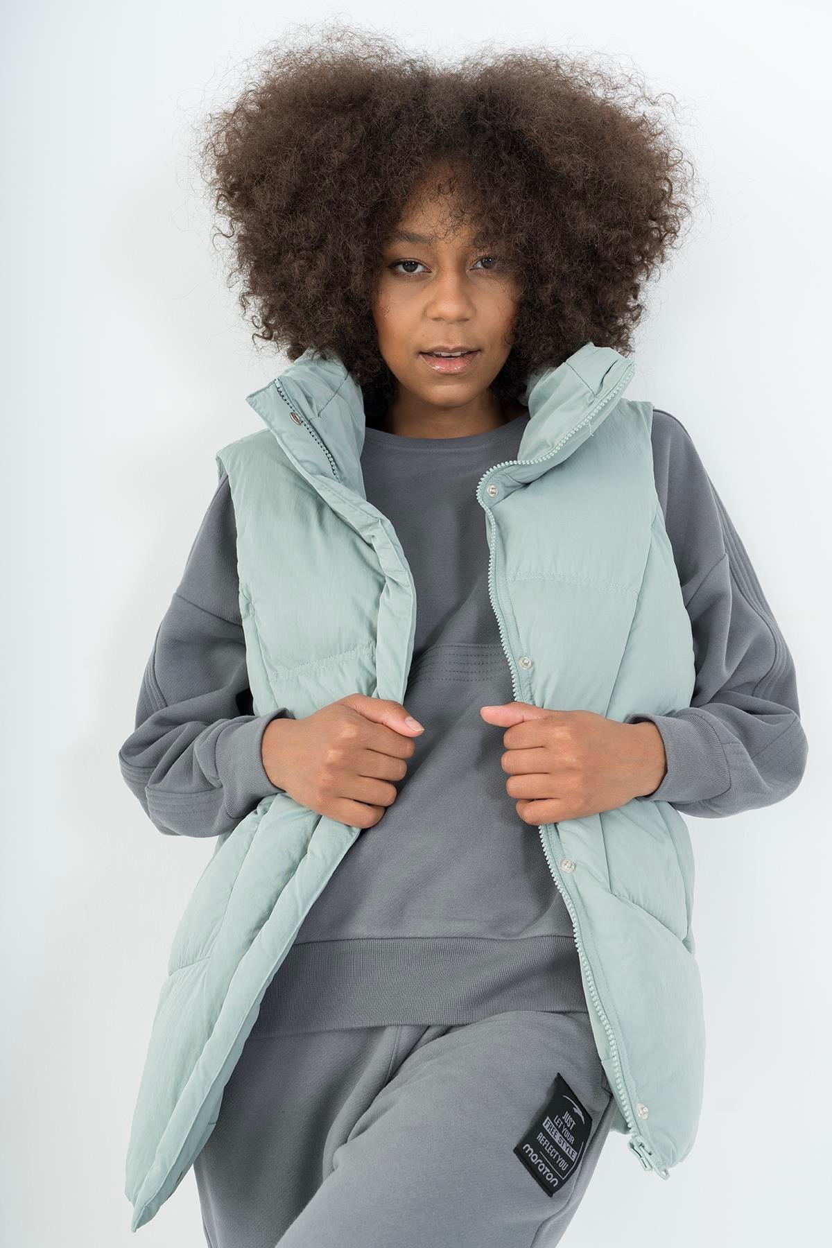 Maraton Sportswear Oversize Kadın Dik Yaka  Kolsuz Basic Mint Yelek 22955
