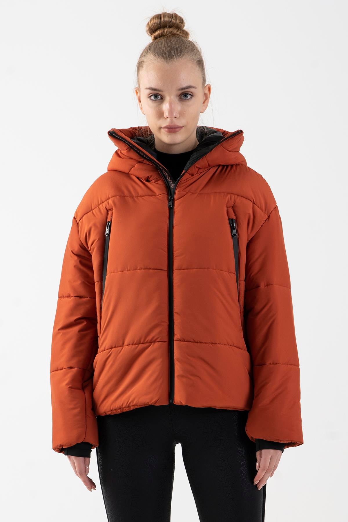 Maraton Sportswear Oversize Kadın Kapşonlu  Uzun Kol Basic Kiremit Mont 21481