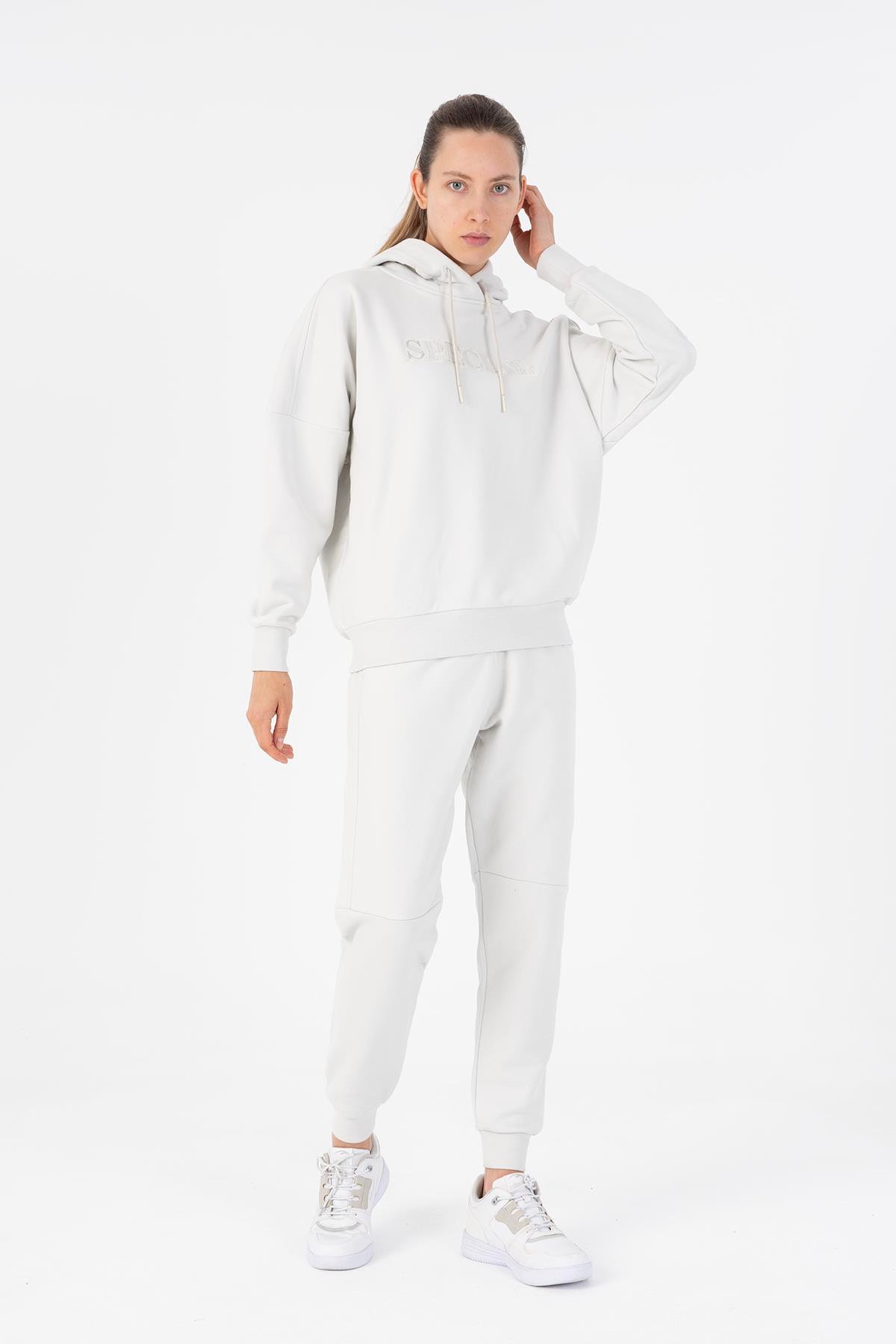 Maraton Sportswear Oversize Kadın Kapşonlu  Uzun Kol Basic Gümüş Gri Sweatshirt 22292