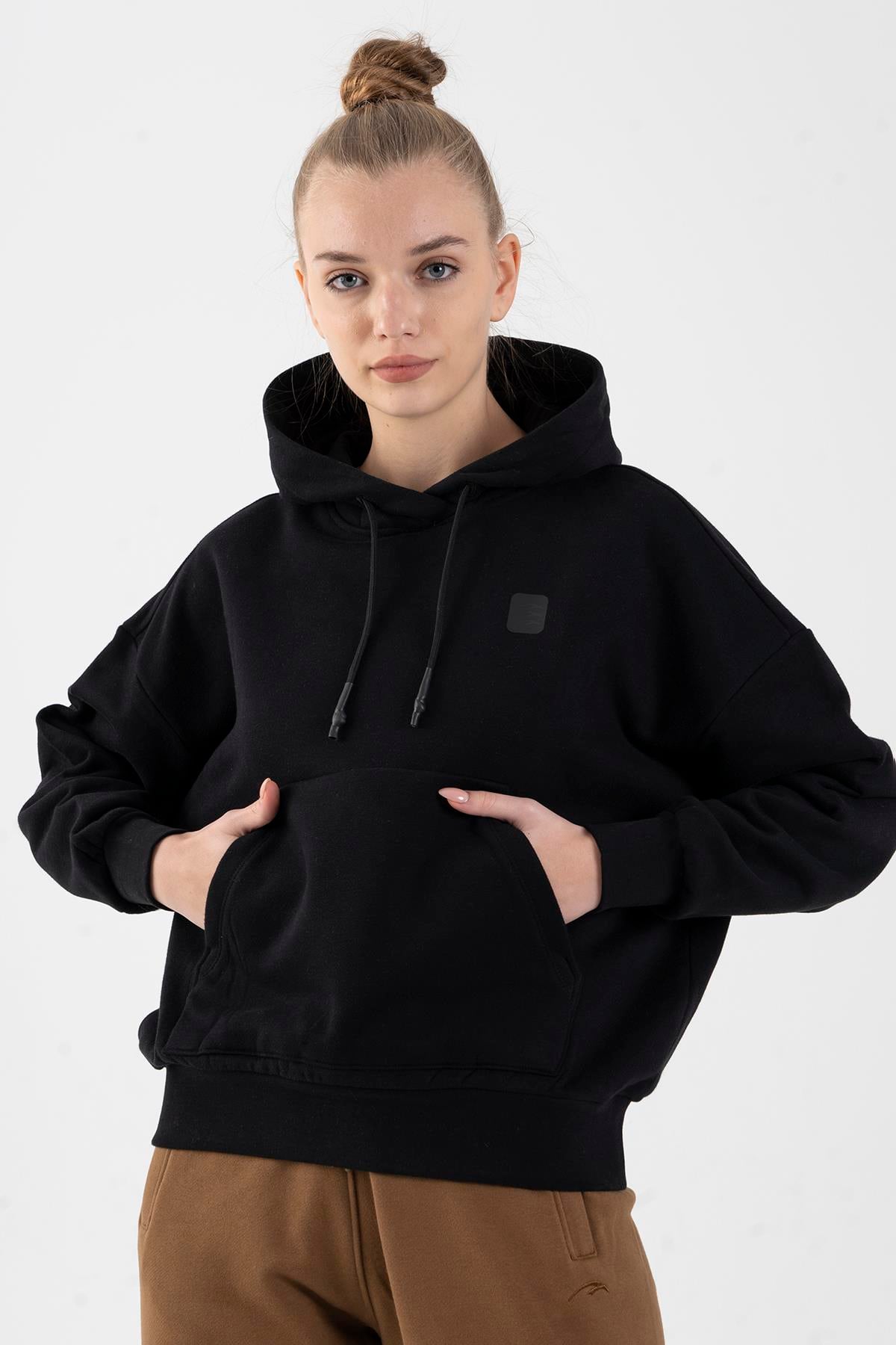 Maraton Sportswear Oversize Kadın Kapşonlu  Uzun Kol Basic Siyah-Siyah Sweatshirt 21908