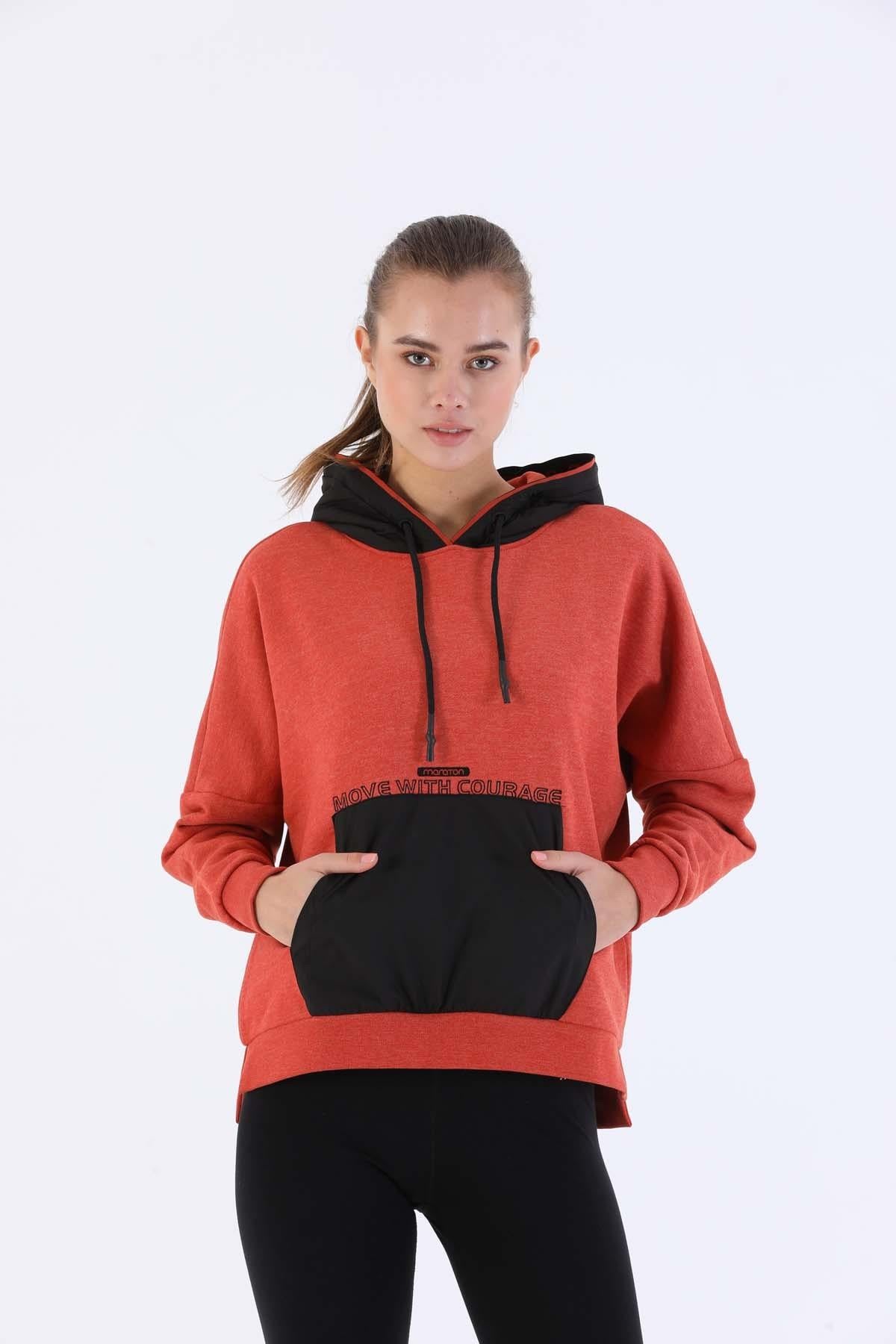Maraton Sportswear Oversize Kadın Kapşonlu  Uzun Kol Basic Kiremit Sweatshirt 20353
