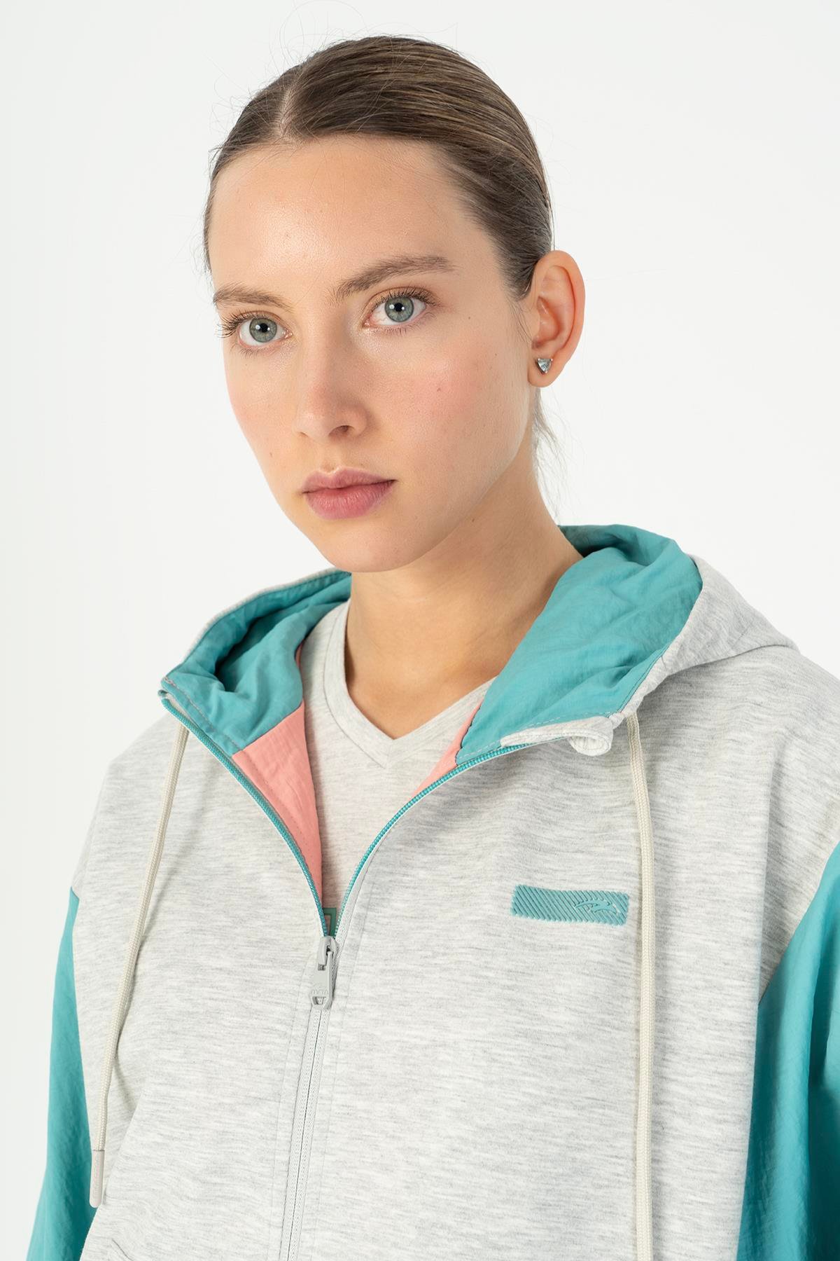 Maraton Sportswear Oversize Kadın Kapşonlu  Uzun Kol Basic Ekru Tracktop 20468