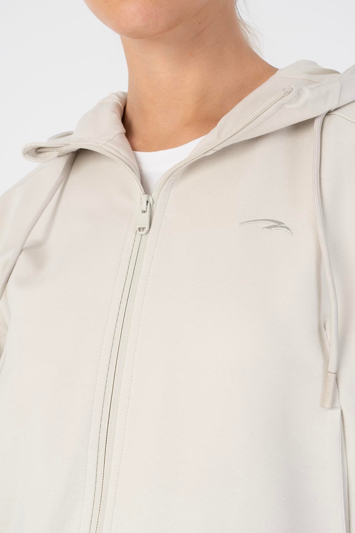 Maraton Sportswear Oversize Kadın Kapşonlu  Uzun Kol Basic Gümüş Gri Tracktop 23052