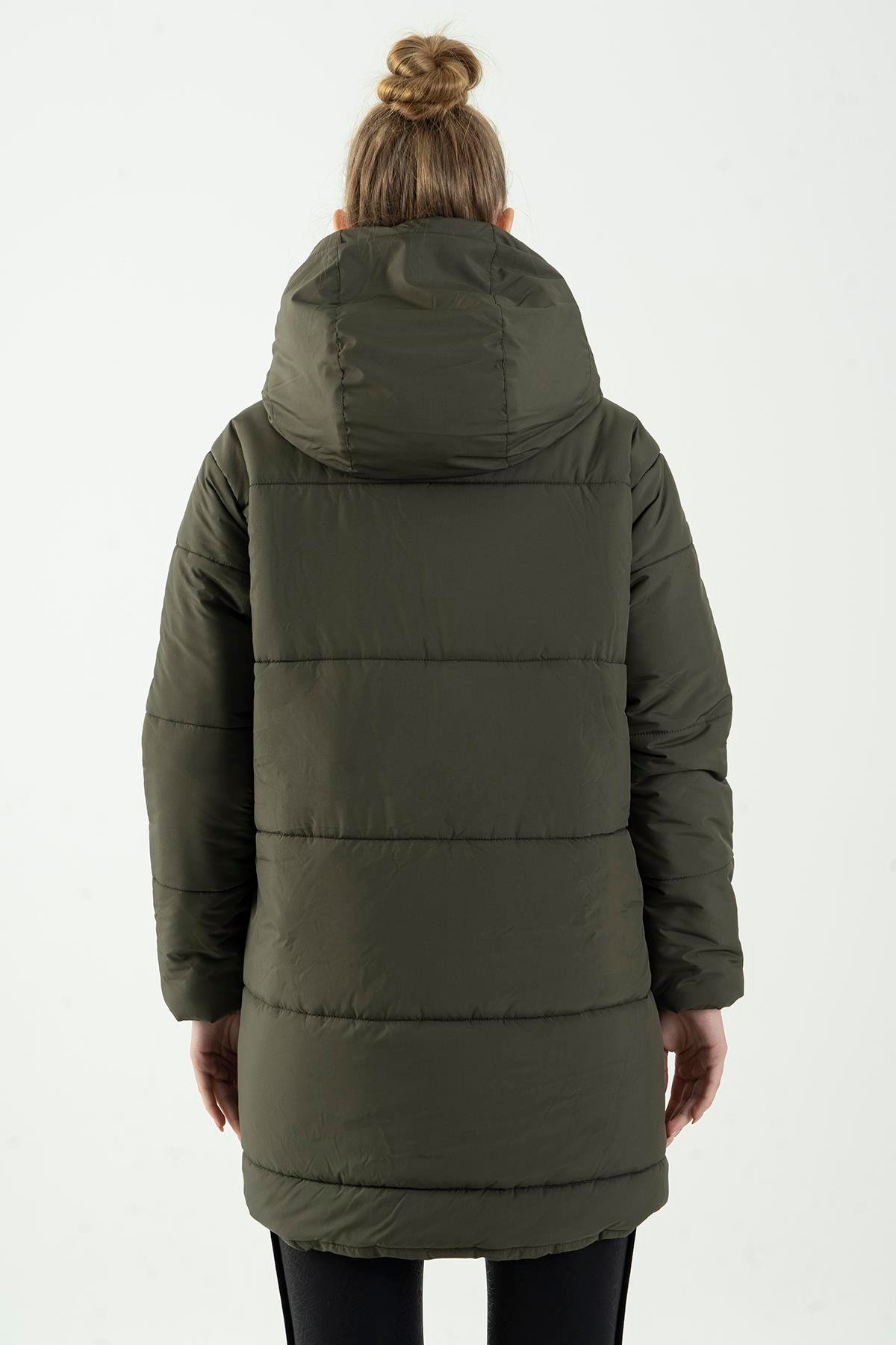 Maraton Sportswear Oversize Kadın Kapşonlu  Uzun Kol Basic Haki Mont 21903
