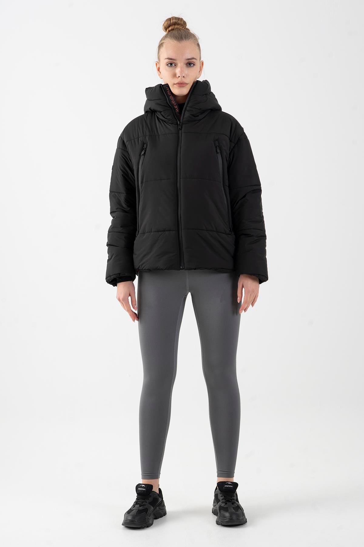 Maraton Sportswear Oversize Kadın Kapşonlu  Uzun Kol Basic Siyah Mont 21481