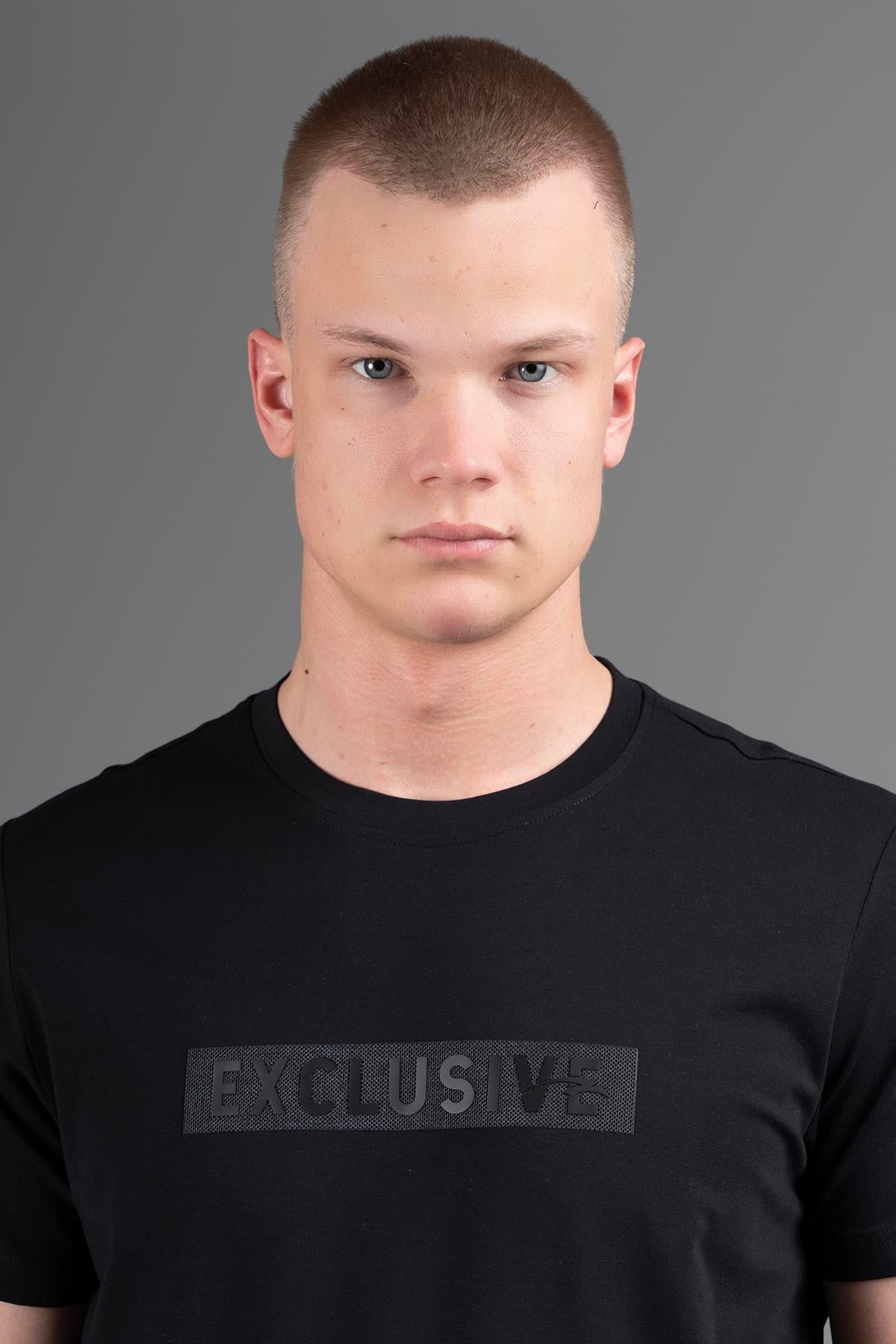 Maraton Sportswear Regular Erkek Bisiklet Yaka  Takma Kol Basic Siyah-Siyah T-shirt 22733