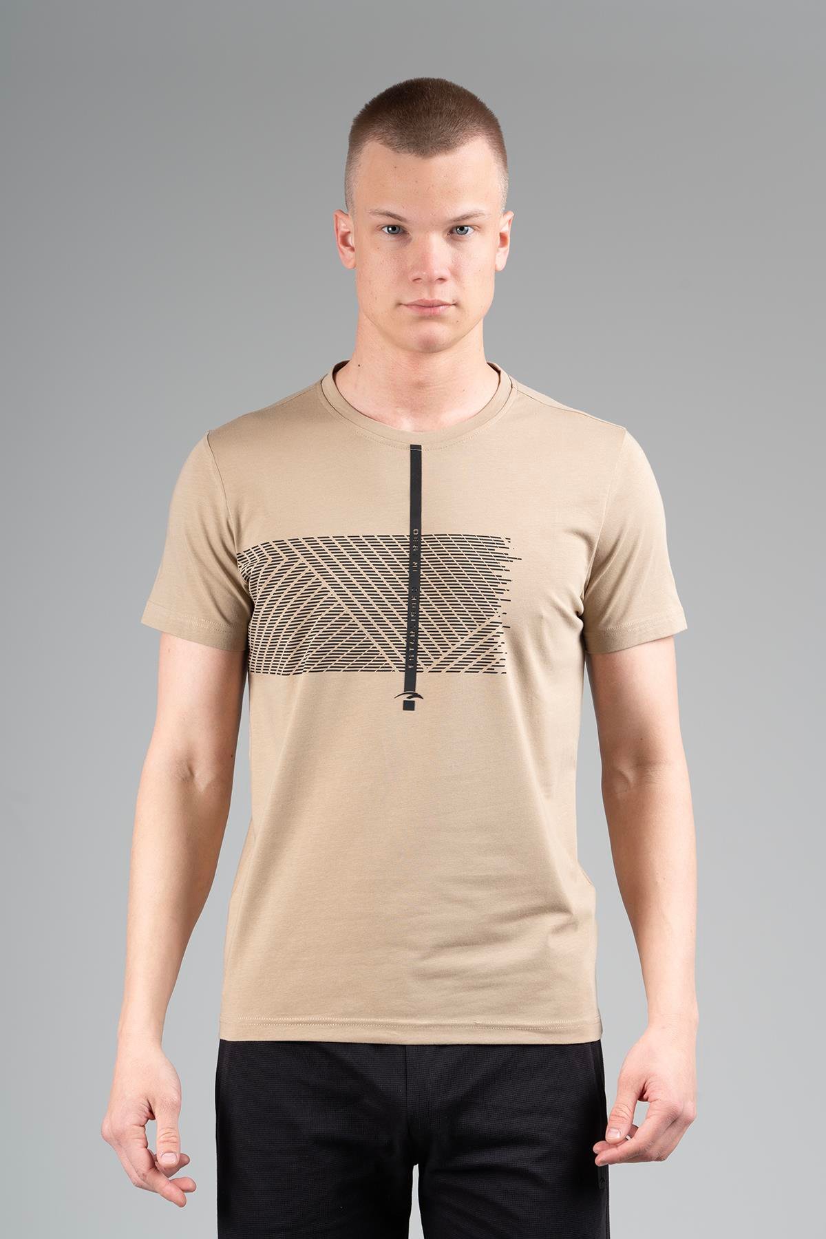 Maraton Sportswear Regular Erkek Bisiklet Yaka  Kısa Kol Basic Açık Vizon T-shirt 22573