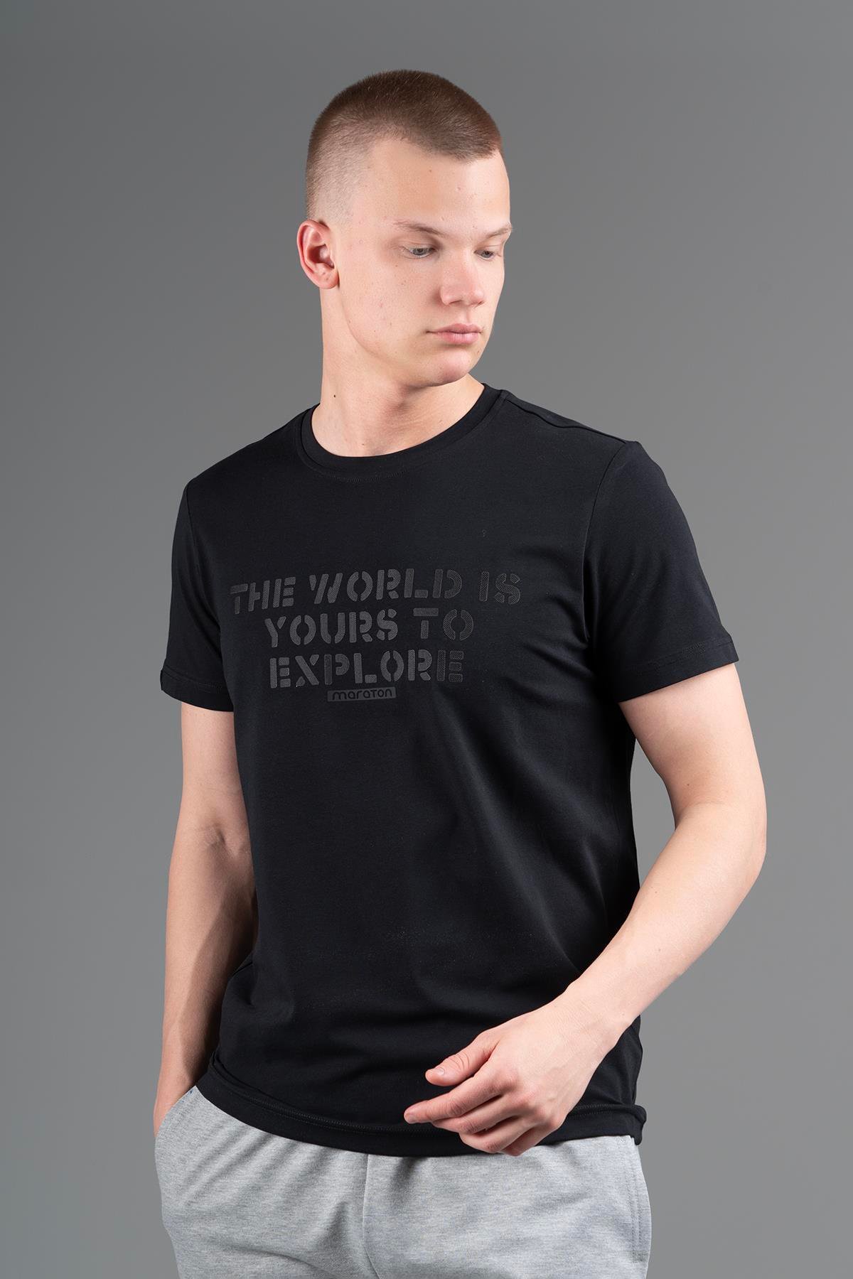 Maraton Sportswear Regular Erkek Bisiklet Yaka  Takma Kol Basic Siyah-Siyah T-shirt 22699