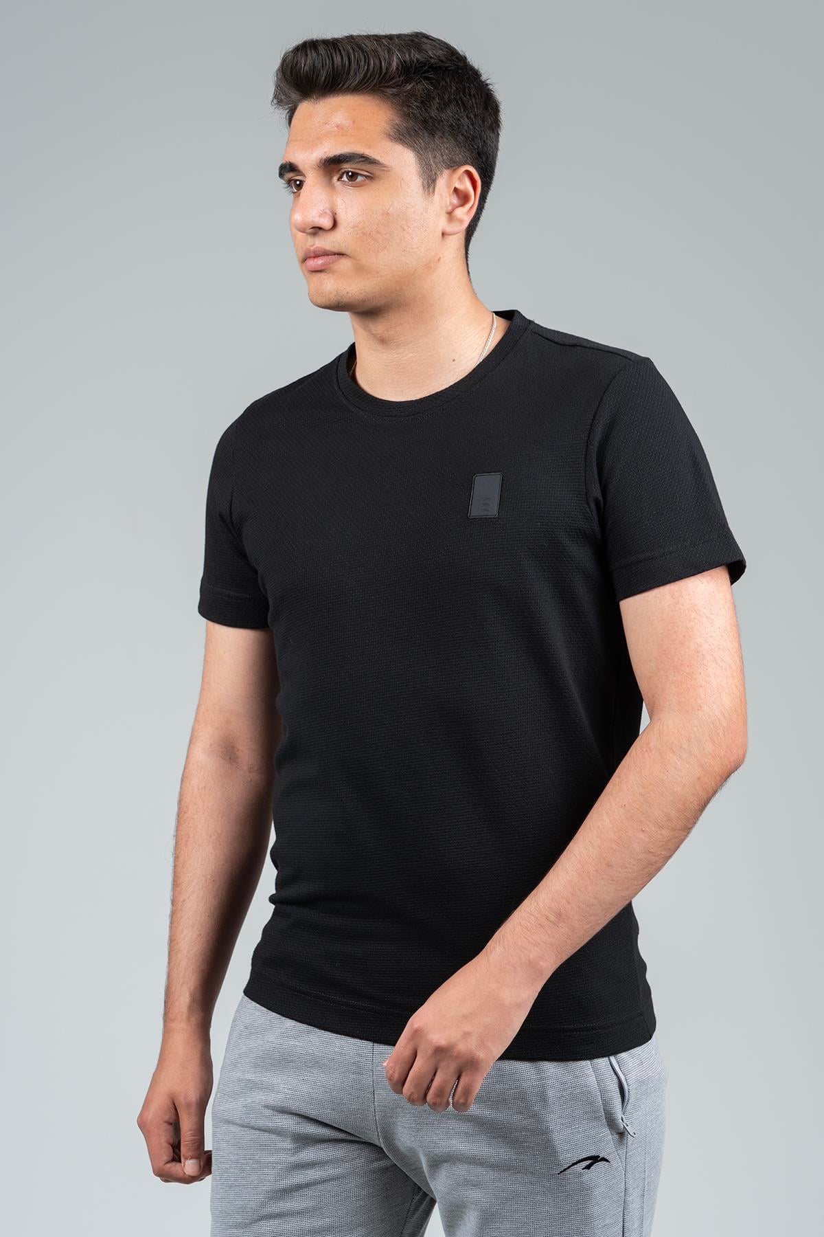 Maraton Sportswear Regular Erkek Bisiklet Yaka  Takma Kol Basic Siyah-Siyah T-shirt 22557