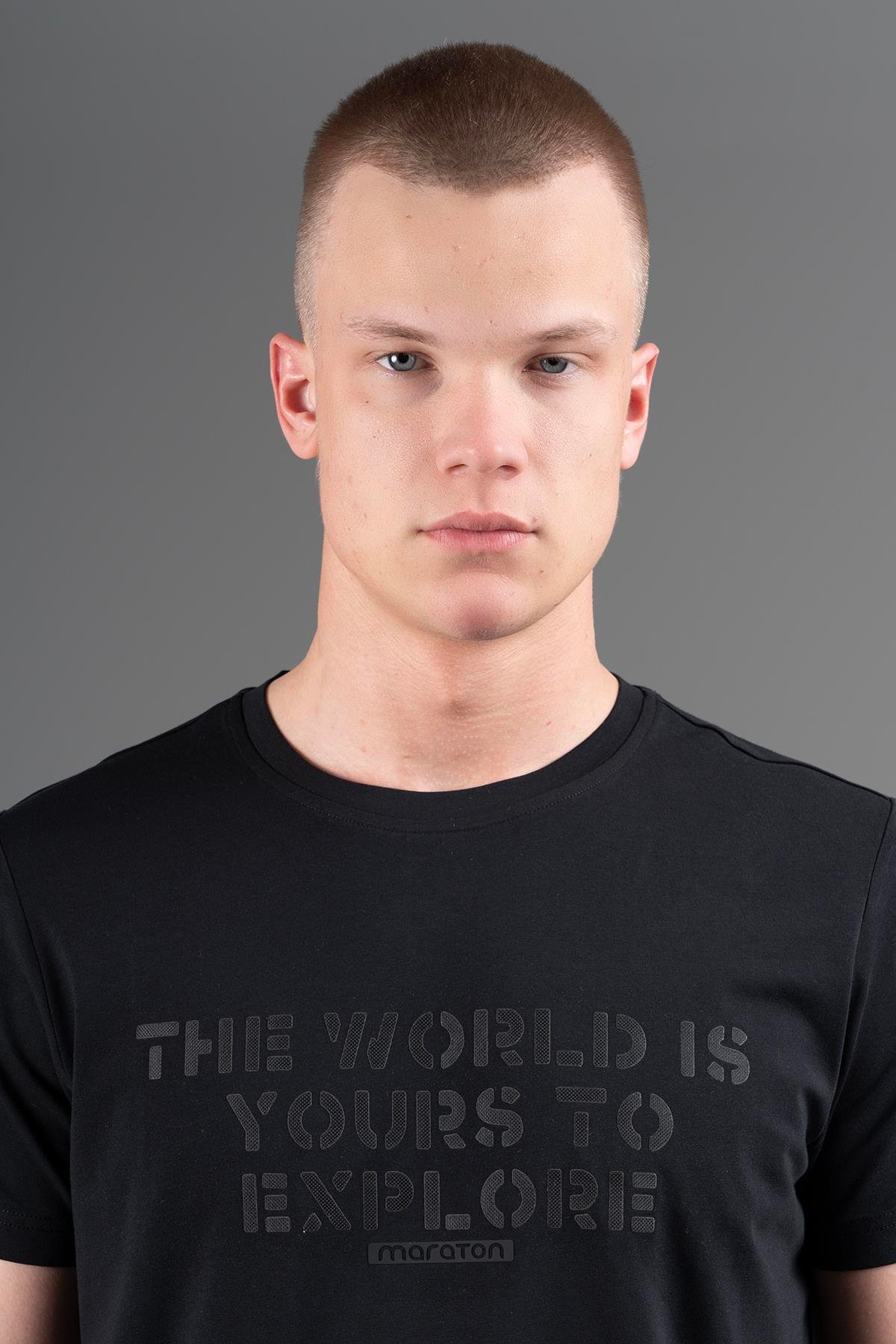 Maraton Sportswear Regular Erkek Bisiklet Yaka  Takma Kol Basic Siyah-Siyah T-shirt 22699