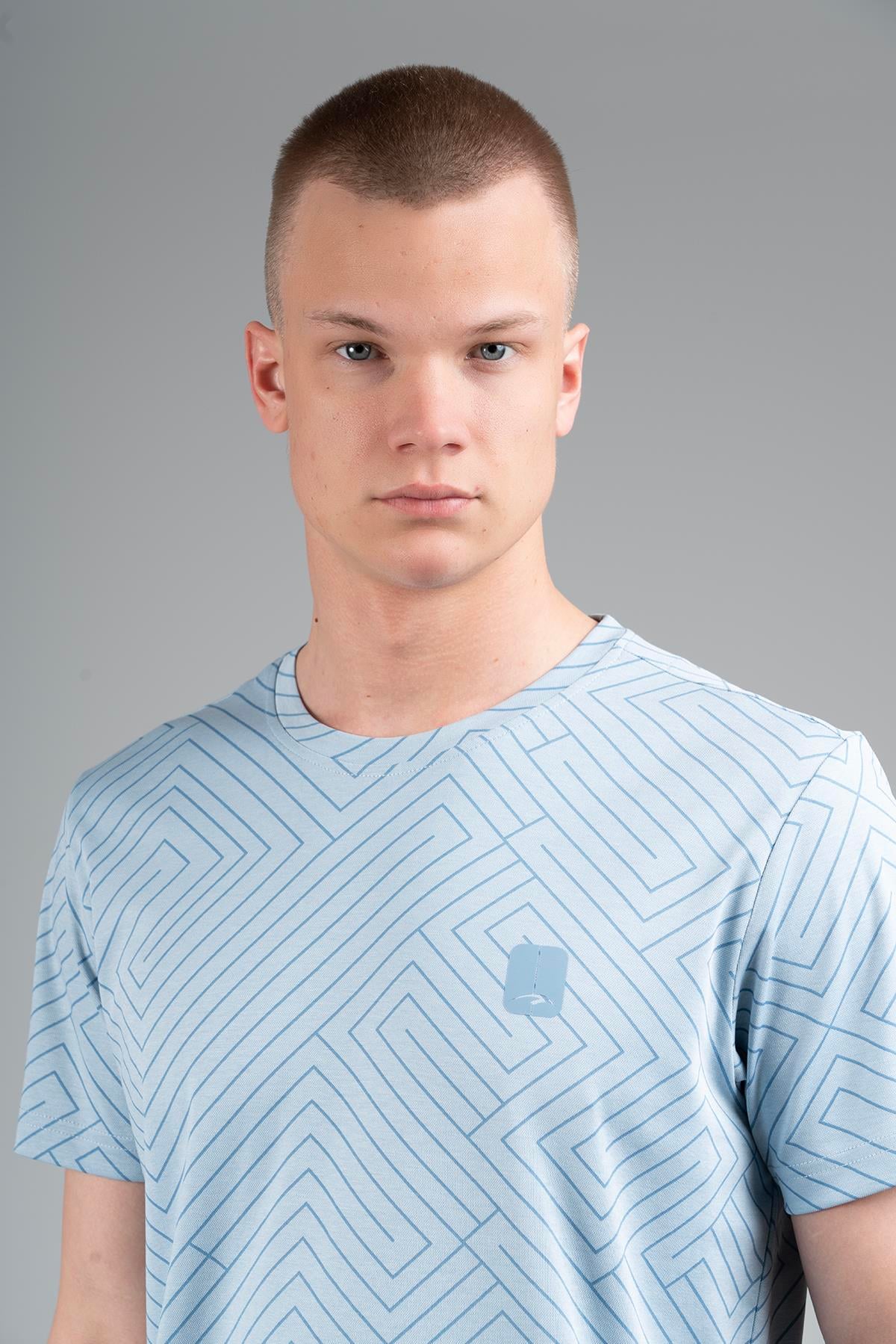 Maraton Sportswear Regular Erkek Bisiklet Yaka  Kısa Kol Basic Sisli Mavi T-shirt 22517