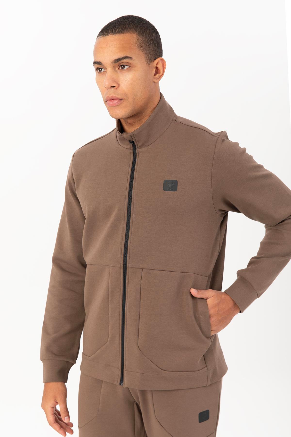 Maraton Sportswear Regular Erkek Dik Yaka  Uzun Kol Gym Kakao Eşofman Üstü 21615