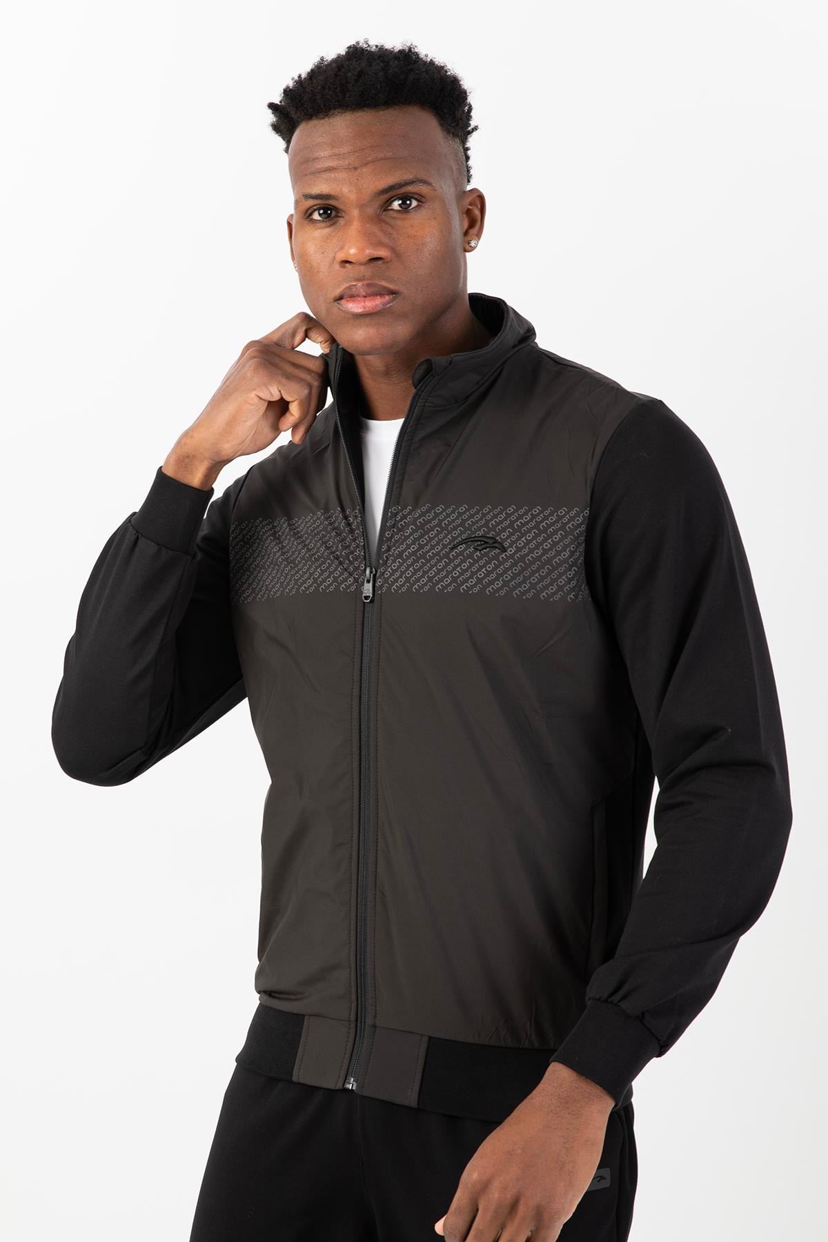 Maraton Sportswear Regular Erkek Dik Yaka  Uzun Kol Basic Siyah Eşofman Üstü 21682