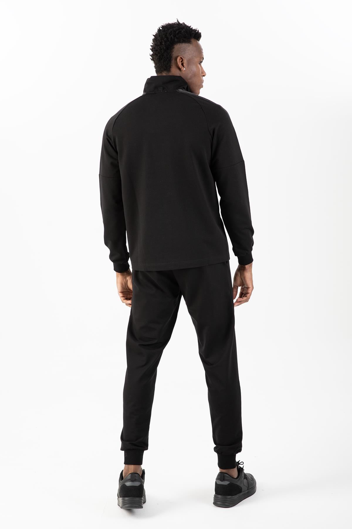 Maraton Sportswear Regular Erkek Dik Yaka Ribana Paça Reglan Kol Basic Siyah Eşofman Takımı 22438