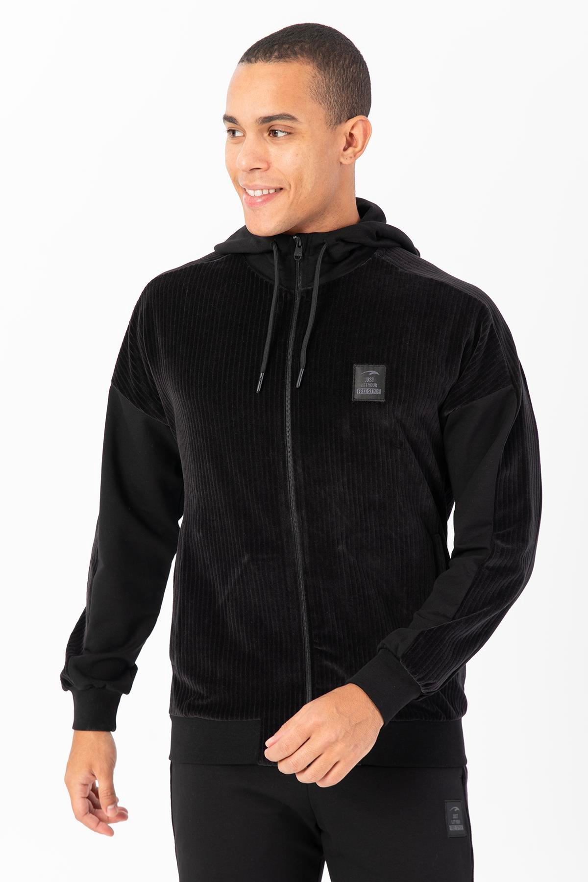 Maraton Sportswear Regular Erkek Kapşonlu  Uzun Kol Basic Siyah Eşofman Üstü 21803