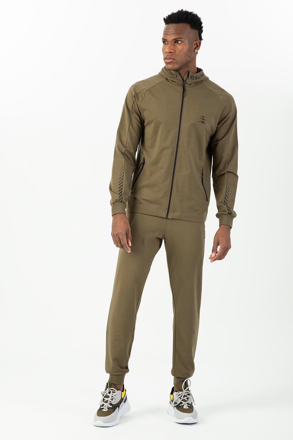 Maraton Sportswear Regular Erkek Kapşonlu Ribana Paça Reglan Kol Basic Haki Eşofman Takımı 22439