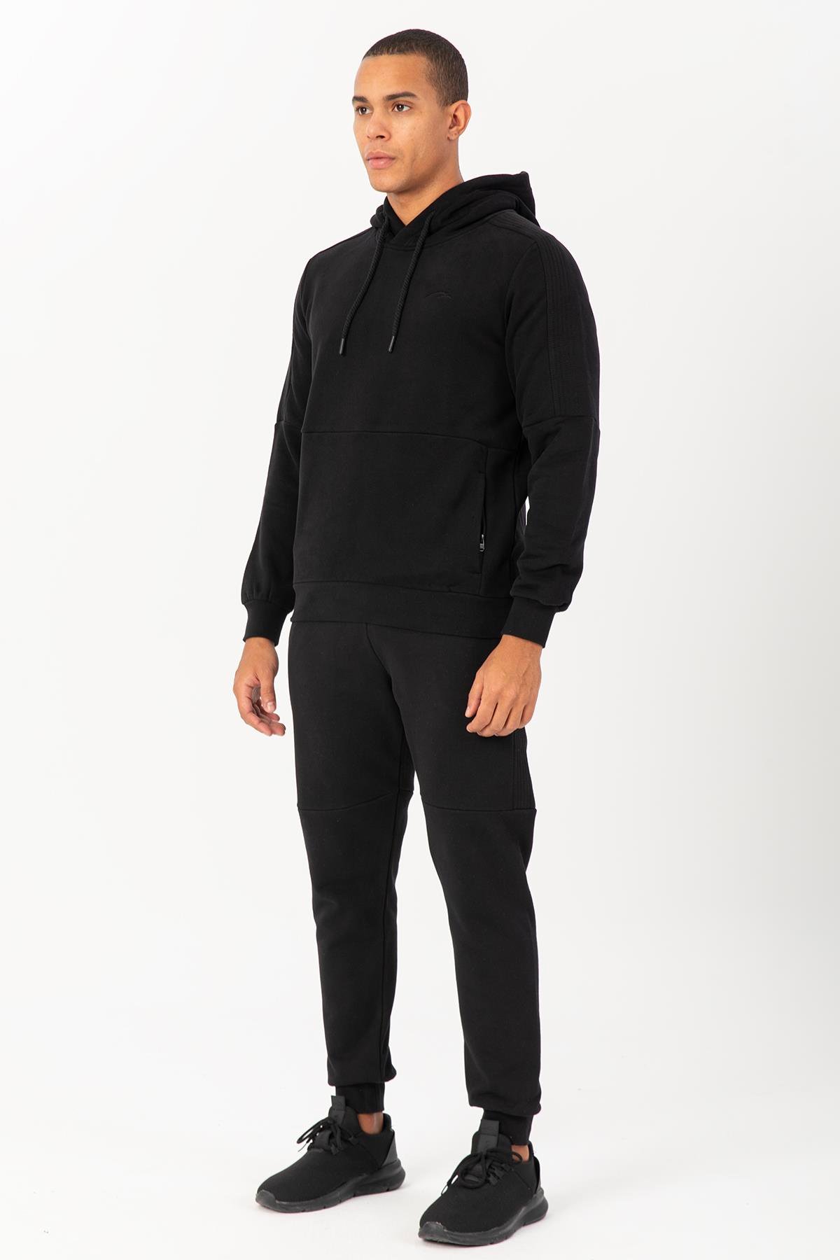 Maraton Sportswear Regular Erkek Kapşonlu  Uzun Kol Basic Siyah Sweatshirt 21838
