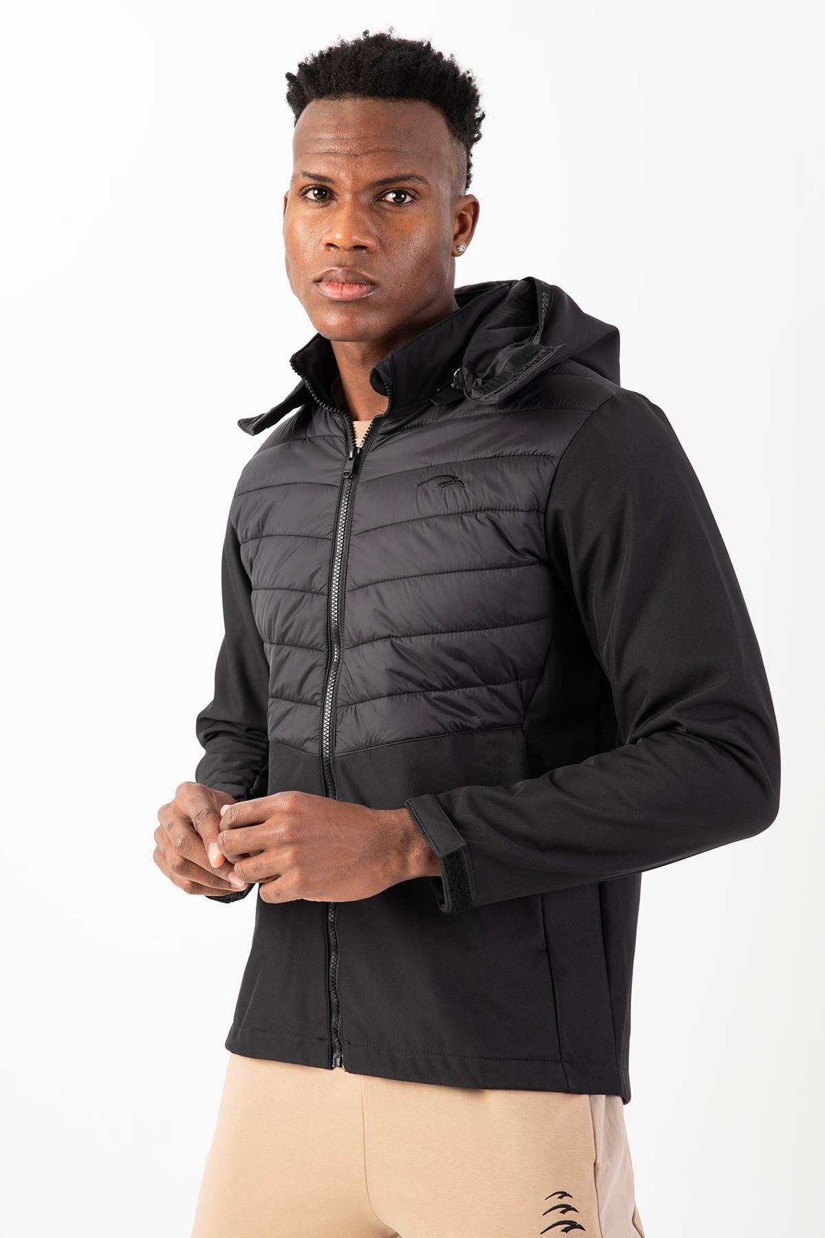 Maraton Sportswear Regular Erkek Kapşonlu  Takma Kol Outdoor Siyah Ceket 21797