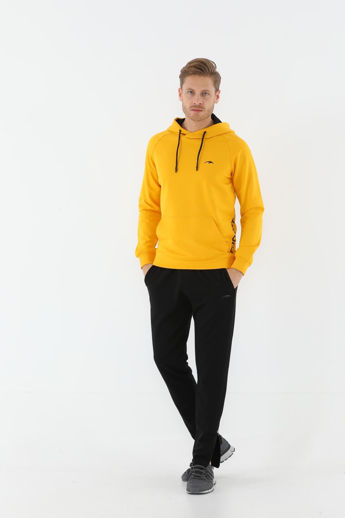 Maraton Sportswear Regular Erkek Kapşonlu  Uzun Kol Basic Sarı Sweatshirt 17254