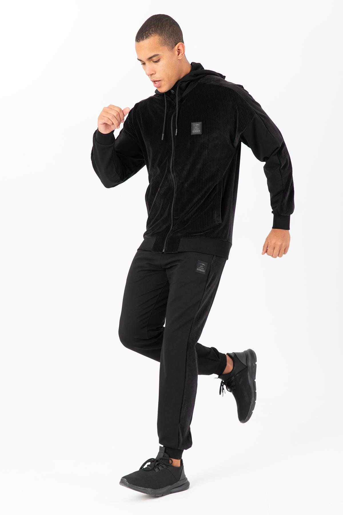 Maraton Sportswear Regular Erkek Kapşonlu  Uzun Kol Basic Siyah Eşofman Üstü 21803