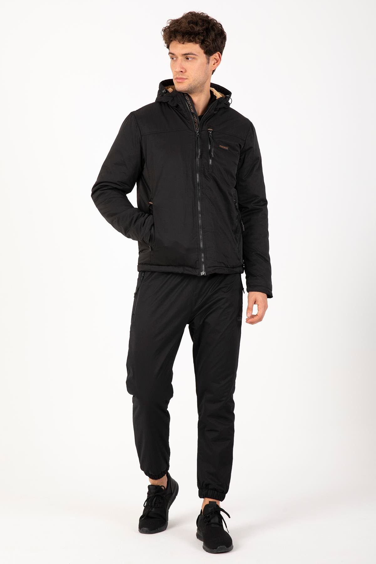 Maraton Sportswear Regular Erkek Kapşonlu  Uzun Kol Basic Siyah Ceket 21365