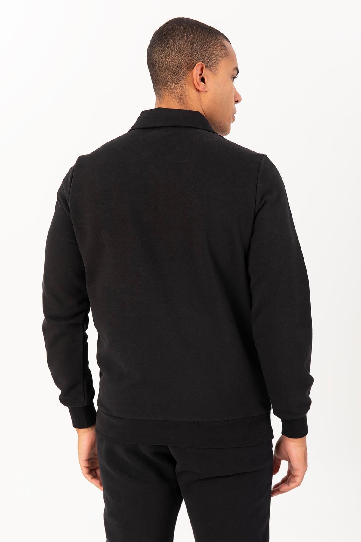 Maraton Sportswear Regular Erkek Polo Yaka  Takma Kol Basic Siyah-Siyah Sweatshirt 22395