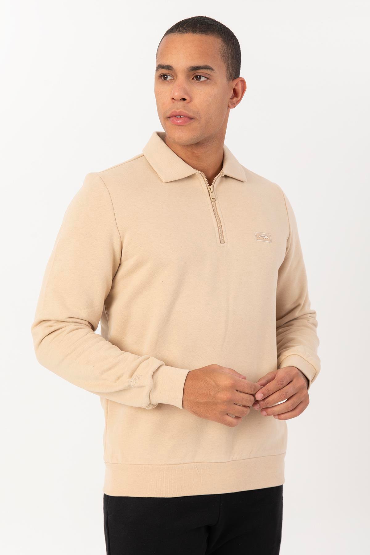 Maraton Sportswear Regular Erkek Polo Yaka  Takma Kol Basic Kil Rengi Sweatshirt 22395