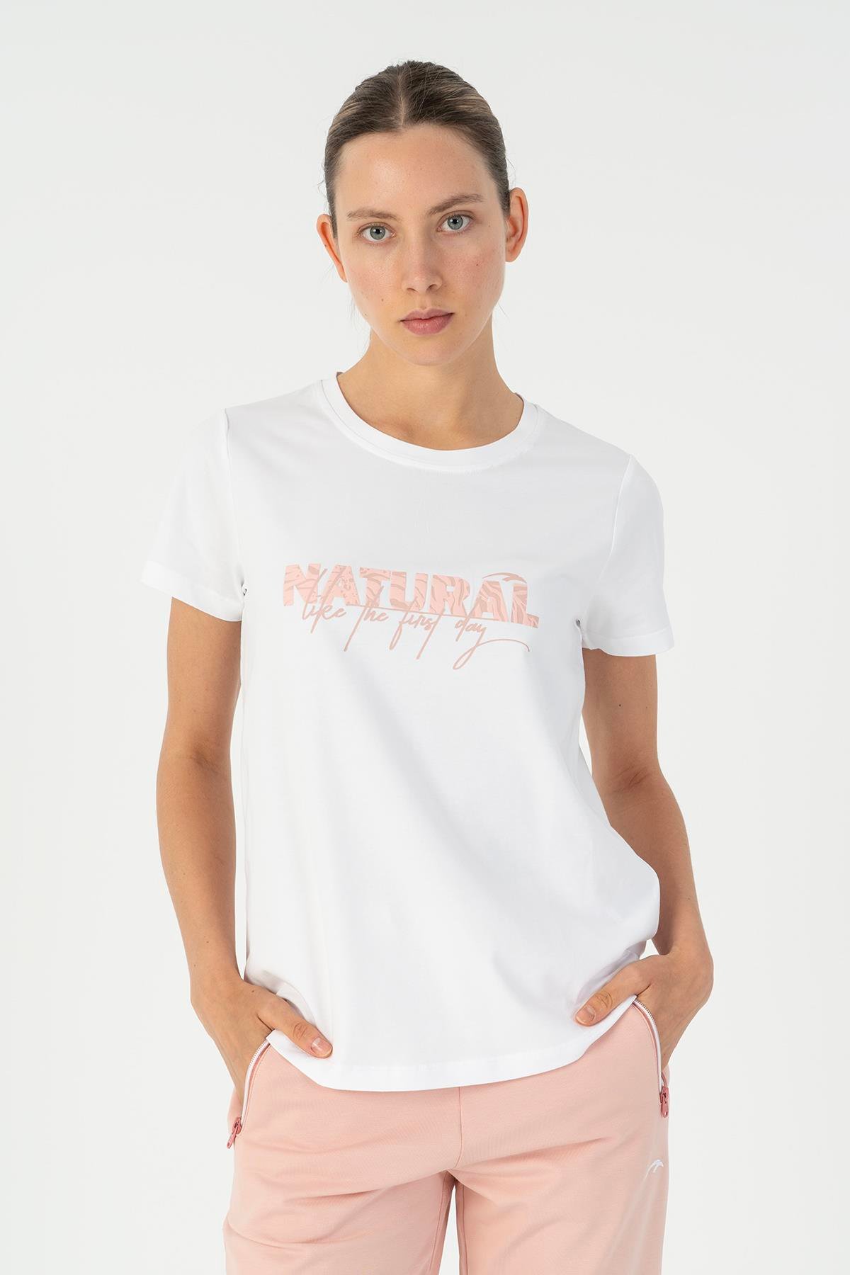 Maraton Sportswear Regular Kadın Bisiklet Yaka  Kısa Kol Basic Beyaz T-shirt 23125