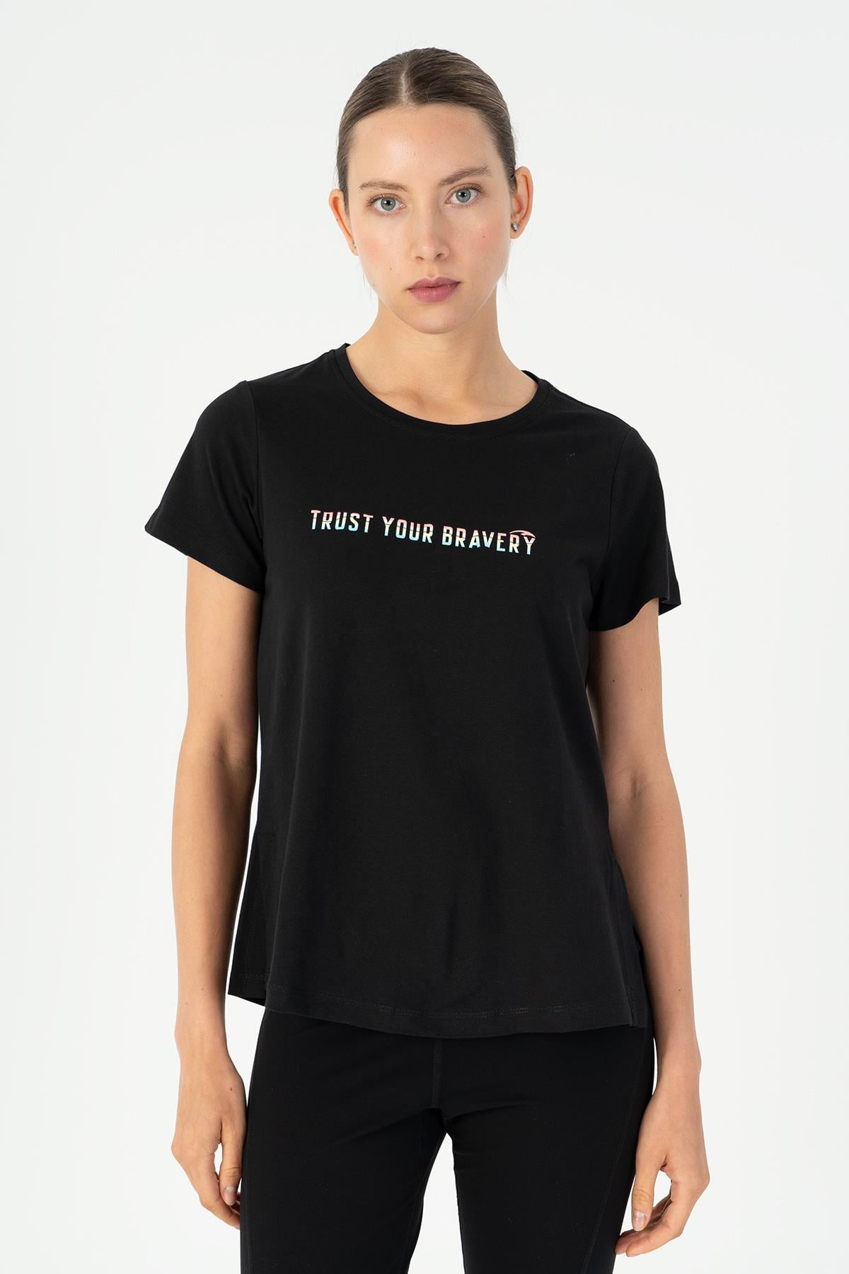 Maraton Sportswear Regular Kadın Bisiklet Yaka  Kısa Kol Basic Siyah T-shirt 23132